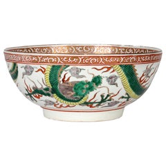 Antique Chinese Large Qing Porcelain Famille Verte Palette Dueling Dragons Punch Bowl