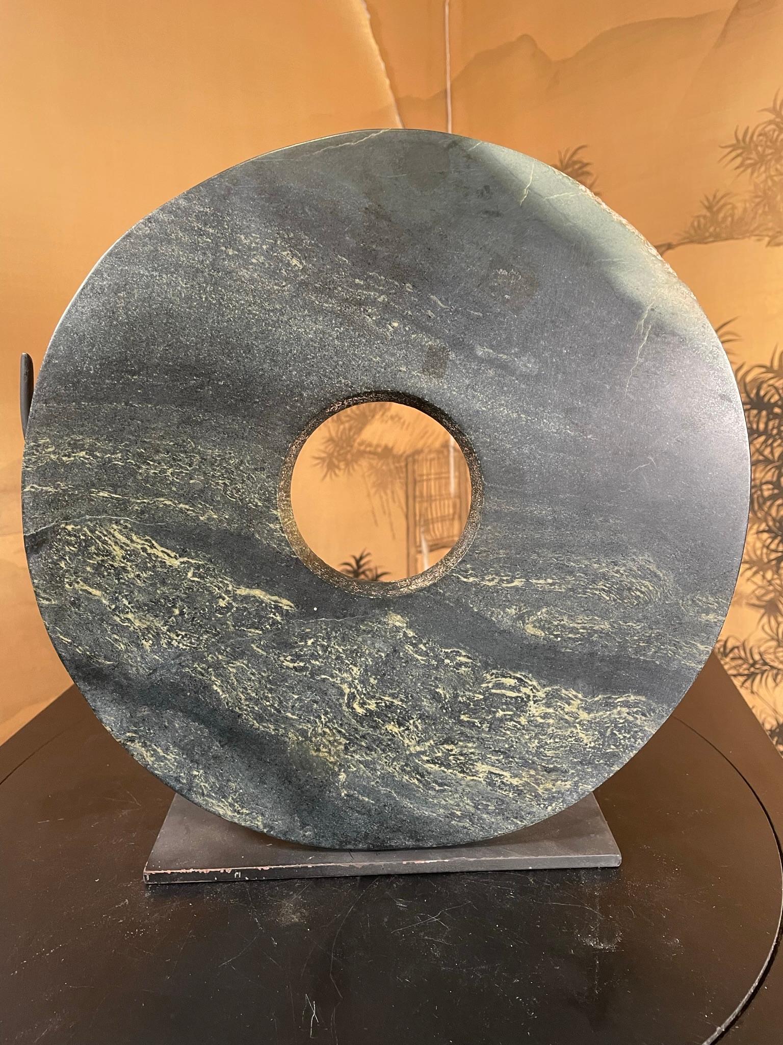 Chinese Large Round Jade Bi Disc, Beautiful Blue Wave Colors with Custom Stand 5