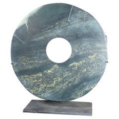 Chinese Large Round Jade Bi Disc, Beautiful Blue Wave Colors with Custom Stand