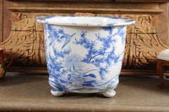 Chinese Late 19th Century Blue and White Planter with Birds, Foliage and Flowers