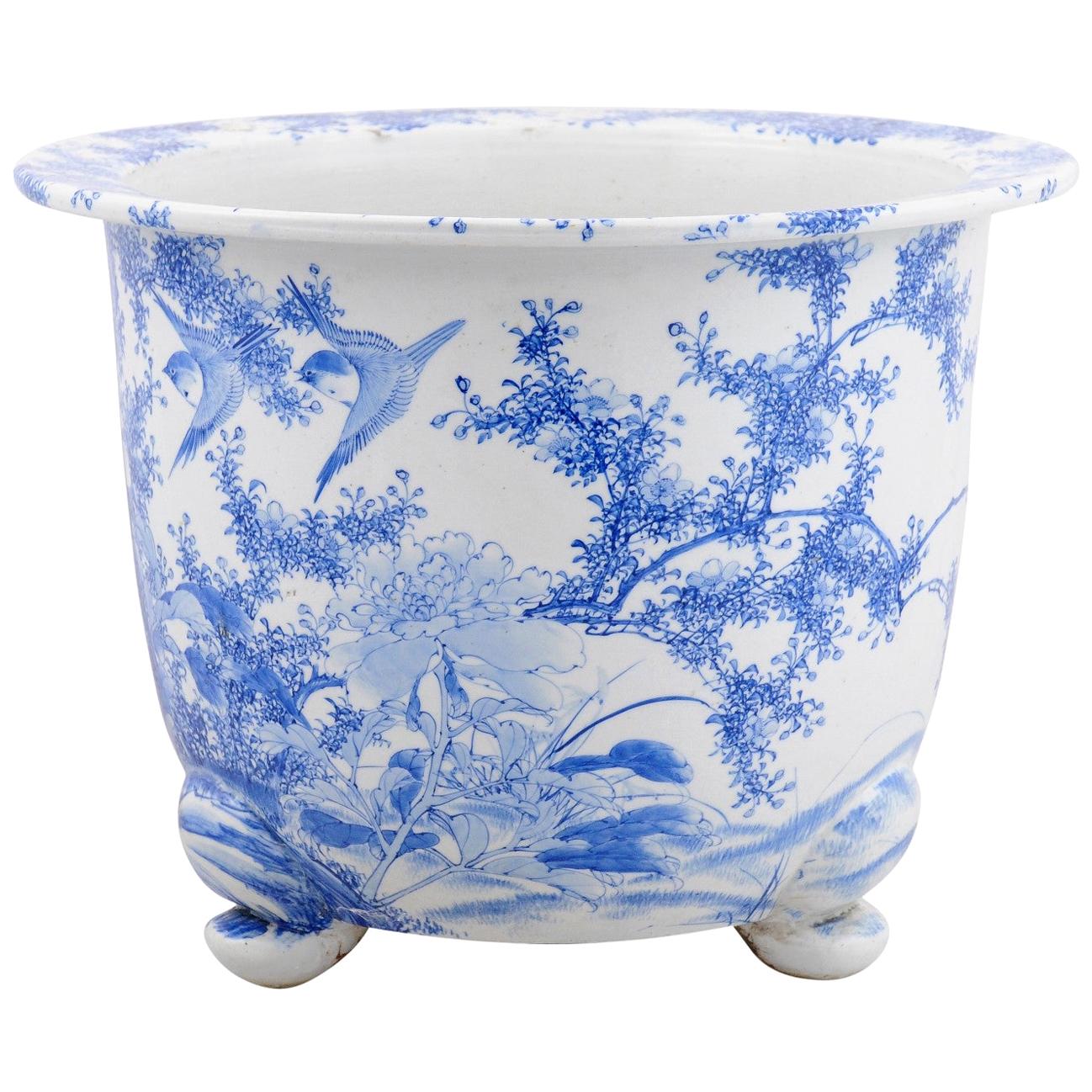 Chinese Late 19th Century Blue and White Planter with Birds, Foliage and Flowers