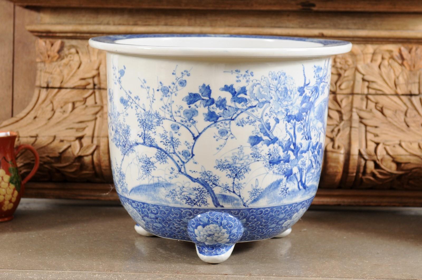 Chinese Late 19th Century Blue and White Planter with Herons, Birds and Flowers 6