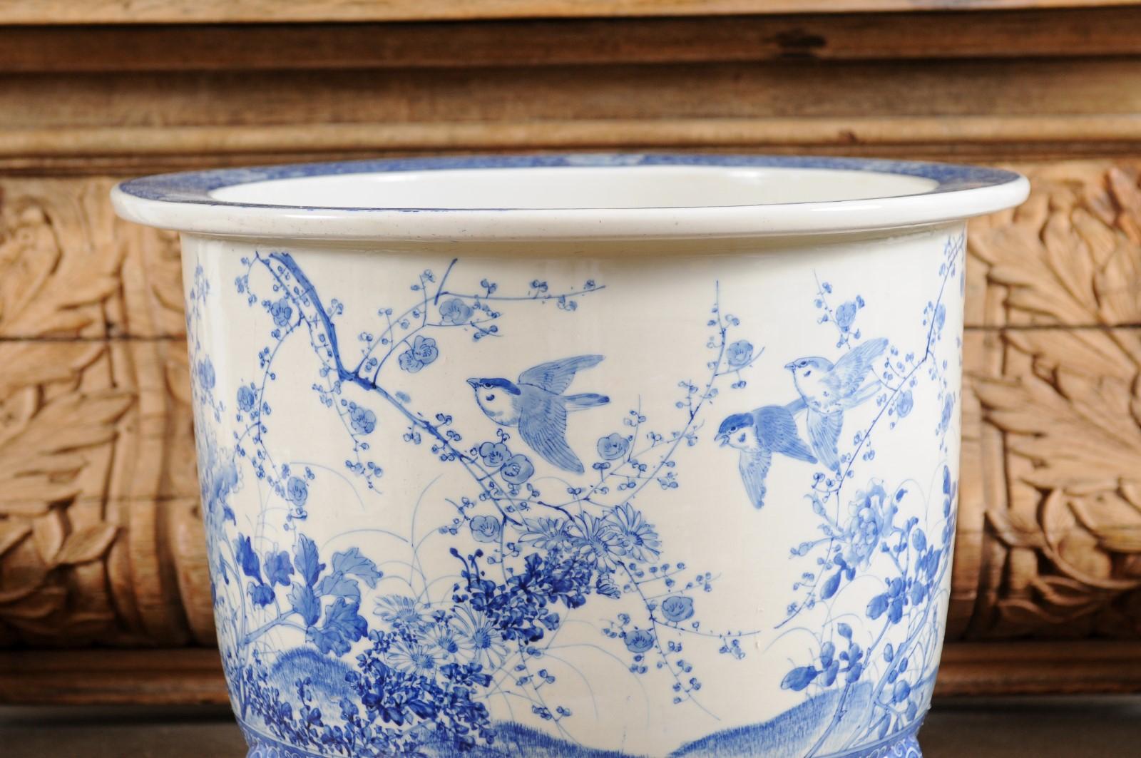 Porcelain Chinese Late 19th Century Blue and White Planter with Herons, Birds and Flowers