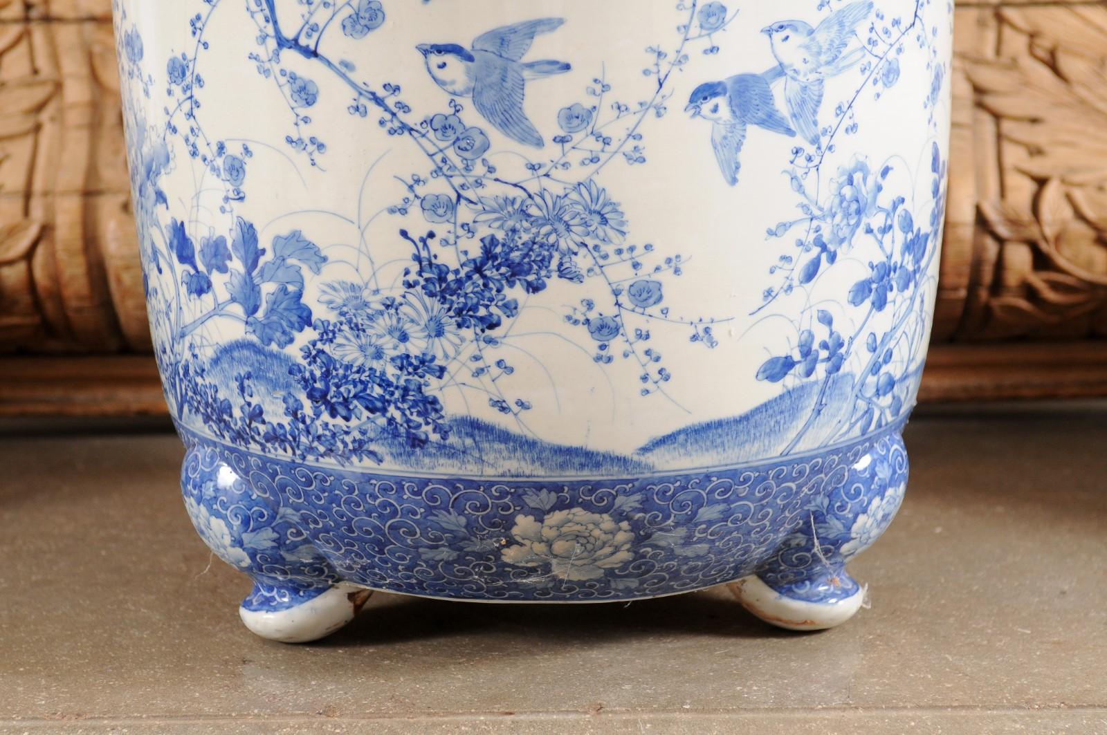 Chinese Late 19th Century Blue and White Planter with Herons, Birds and Flowers 1