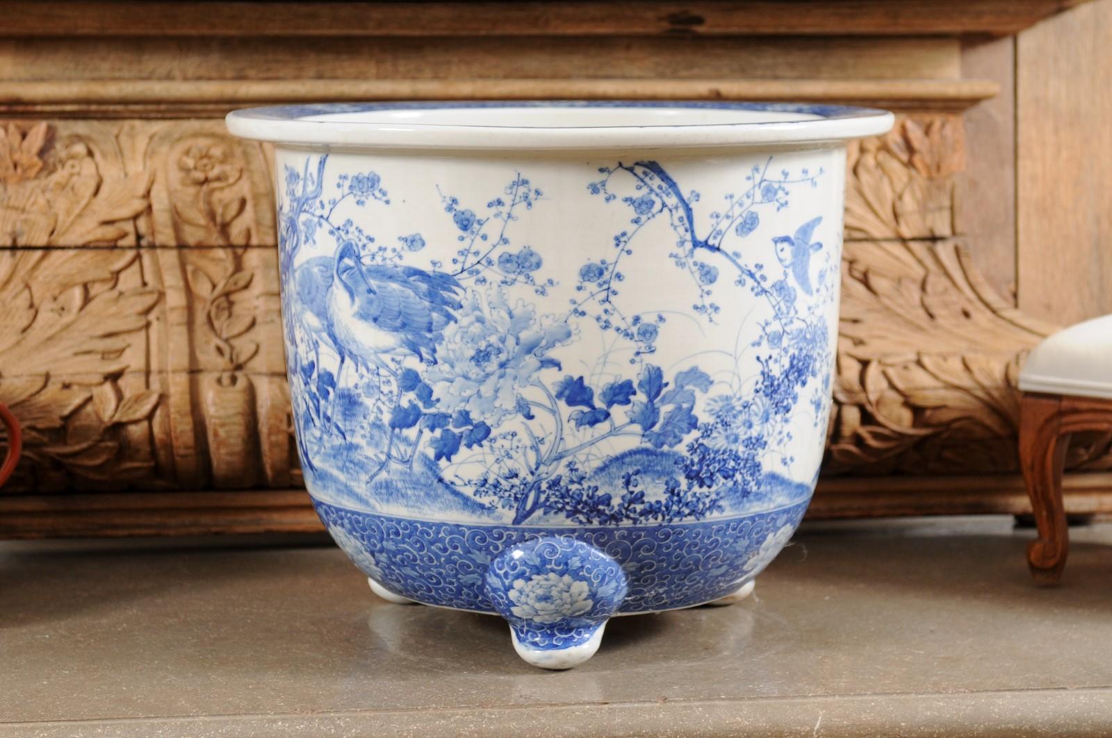 Chinese Late 19th Century Blue and White Planter with Herons, Birds and Flowers 2