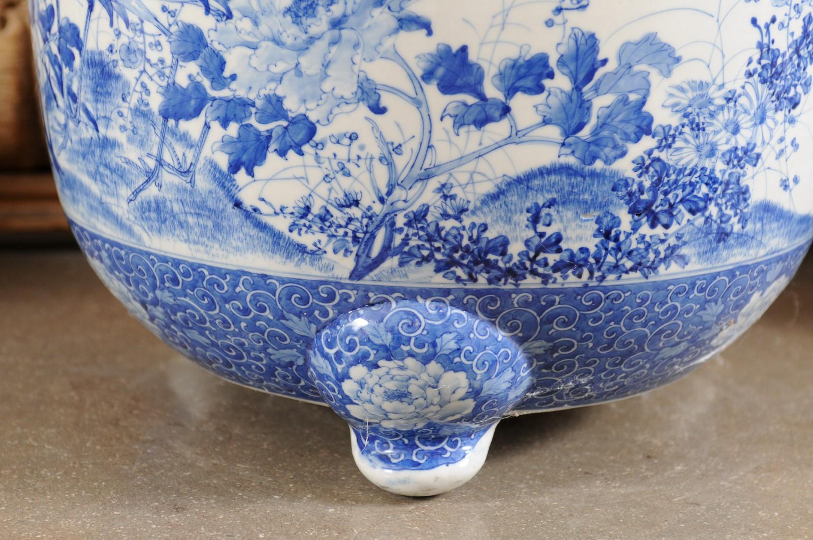 Chinese Late 19th Century Blue and White Planter with Herons, Birds and Flowers 3