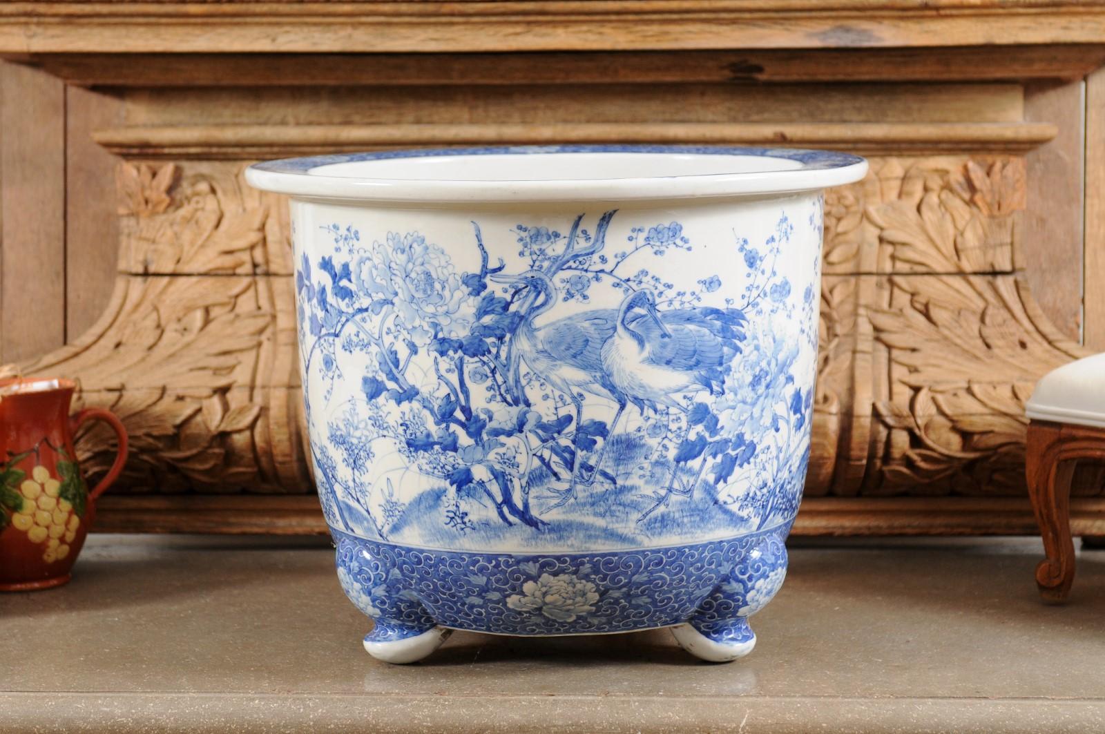 Chinese Late 19th Century Blue and White Planter with Herons, Birds and Flowers 4