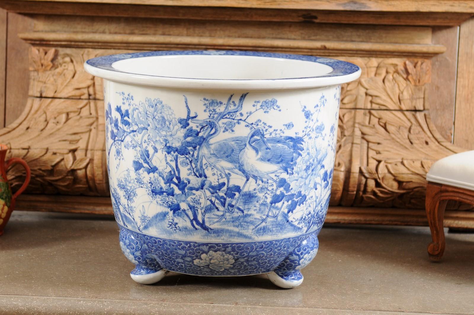 Chinese Late 19th Century Blue and White Planter with Herons, Birds and Flowers 5