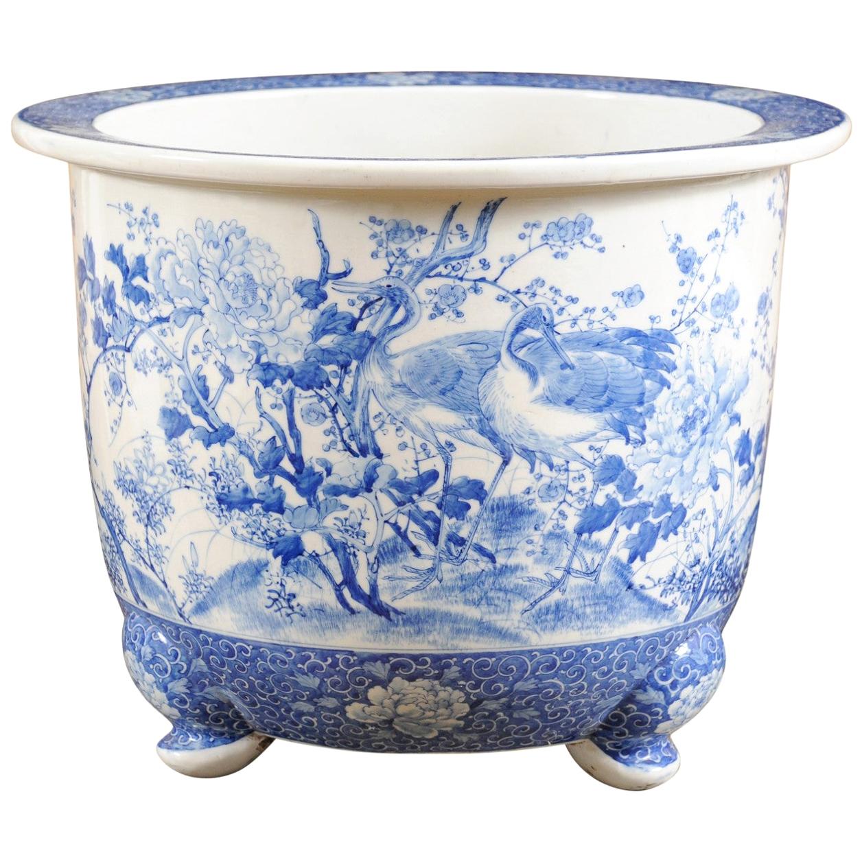 Chinese Late 19th Century Blue and White Planter with Herons, Birds and Flowers