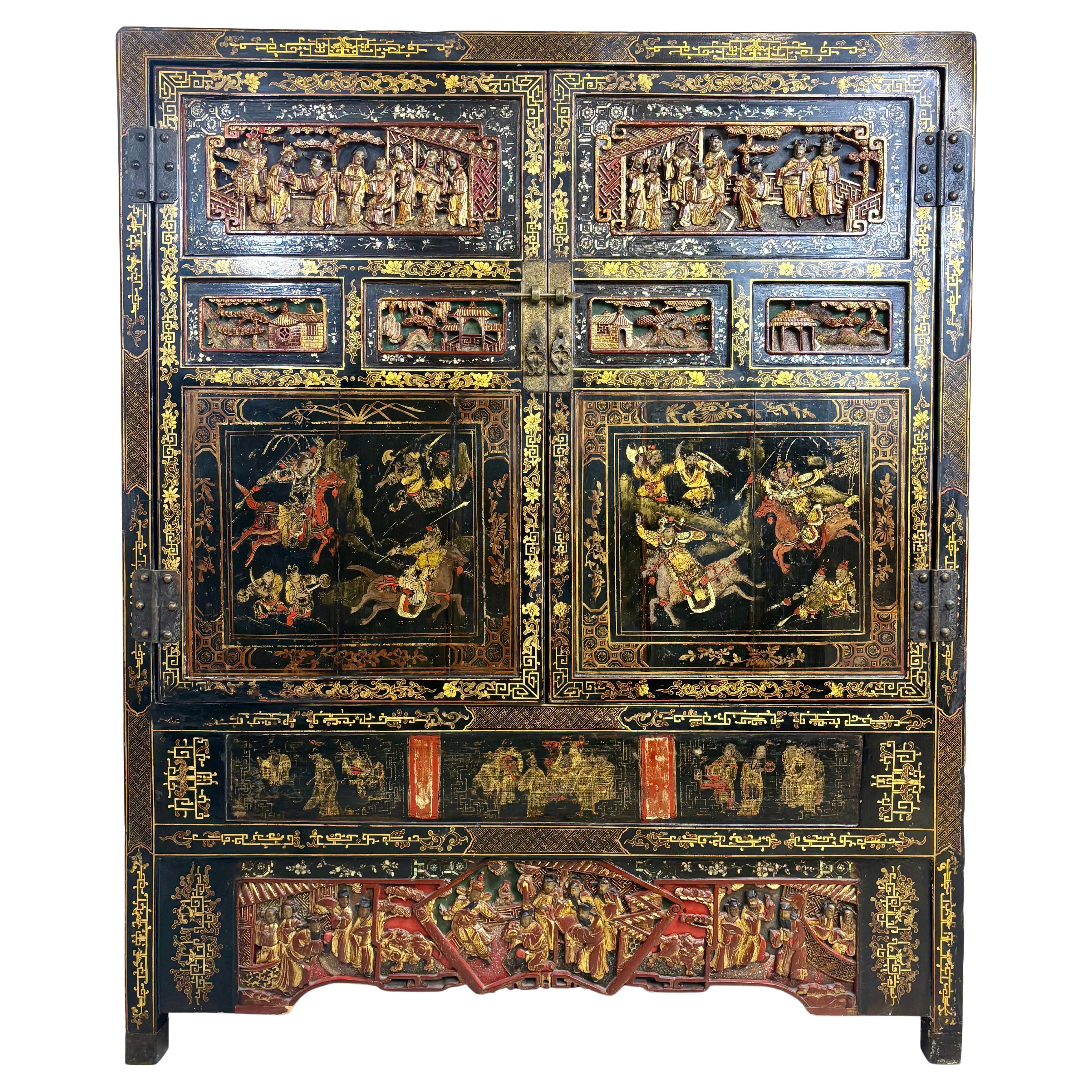 Chinese Late 19th-Century Inlaid Black Lacquer Cabinet Qing Dynasty