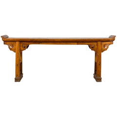 Chinese Late 19th Century Qing Elm Altar Console Table with Cloud Spandrels