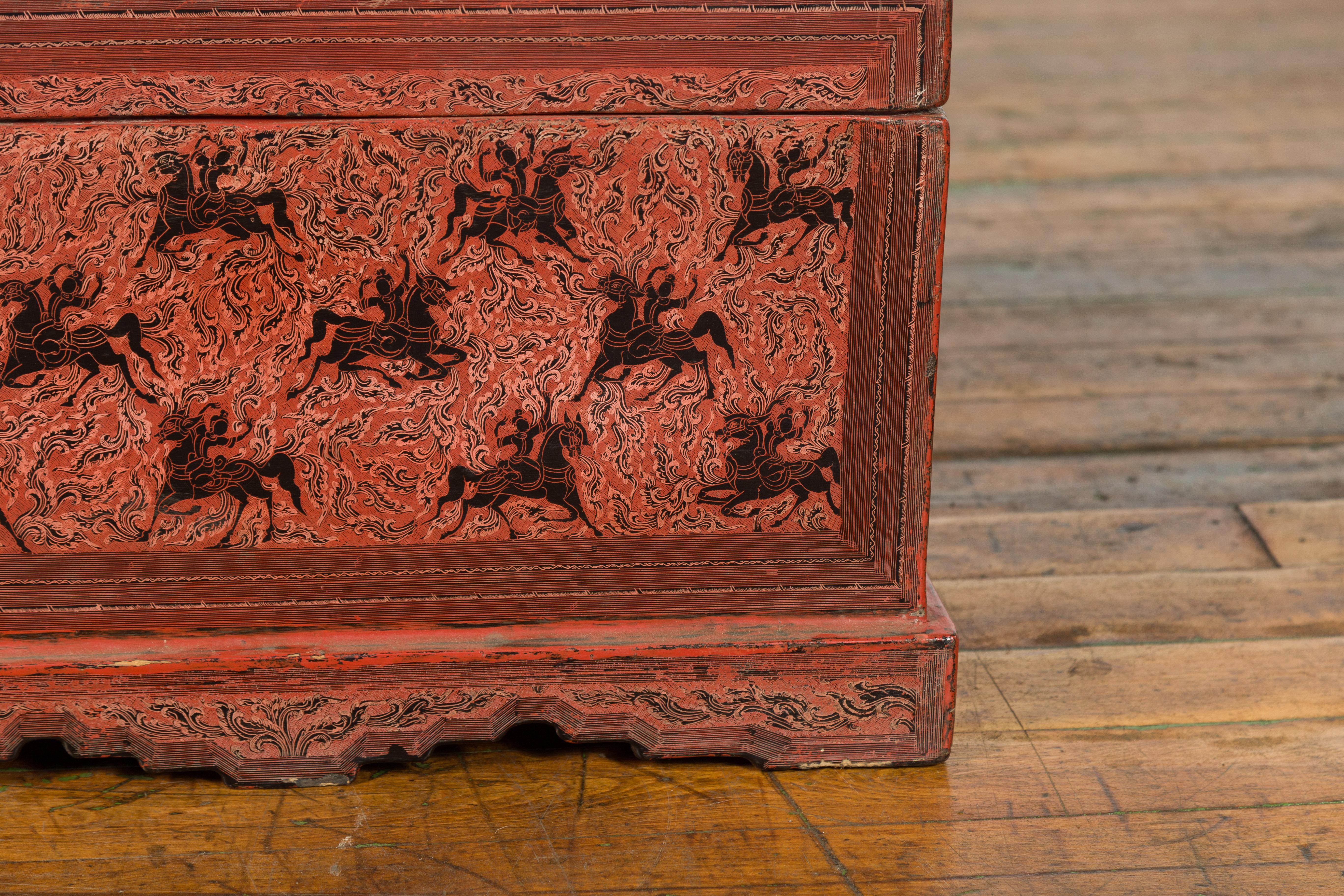 Chinese Late 19th Century Red Trunk with Black Hand-Painted Riders on Horses For Sale 4