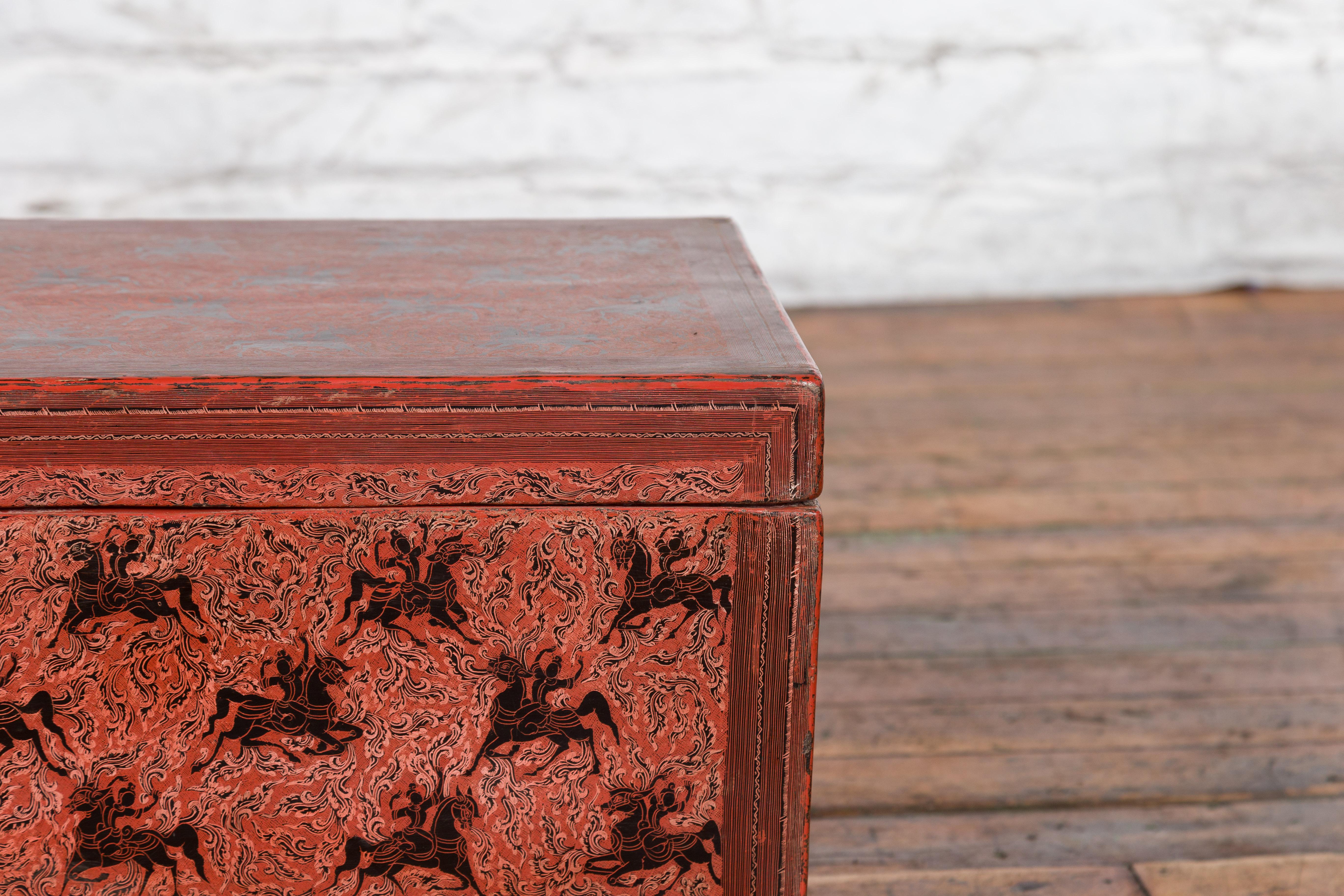 Chinese Late 19th Century Red Trunk with Black Hand-Painted Riders on Horses For Sale 7