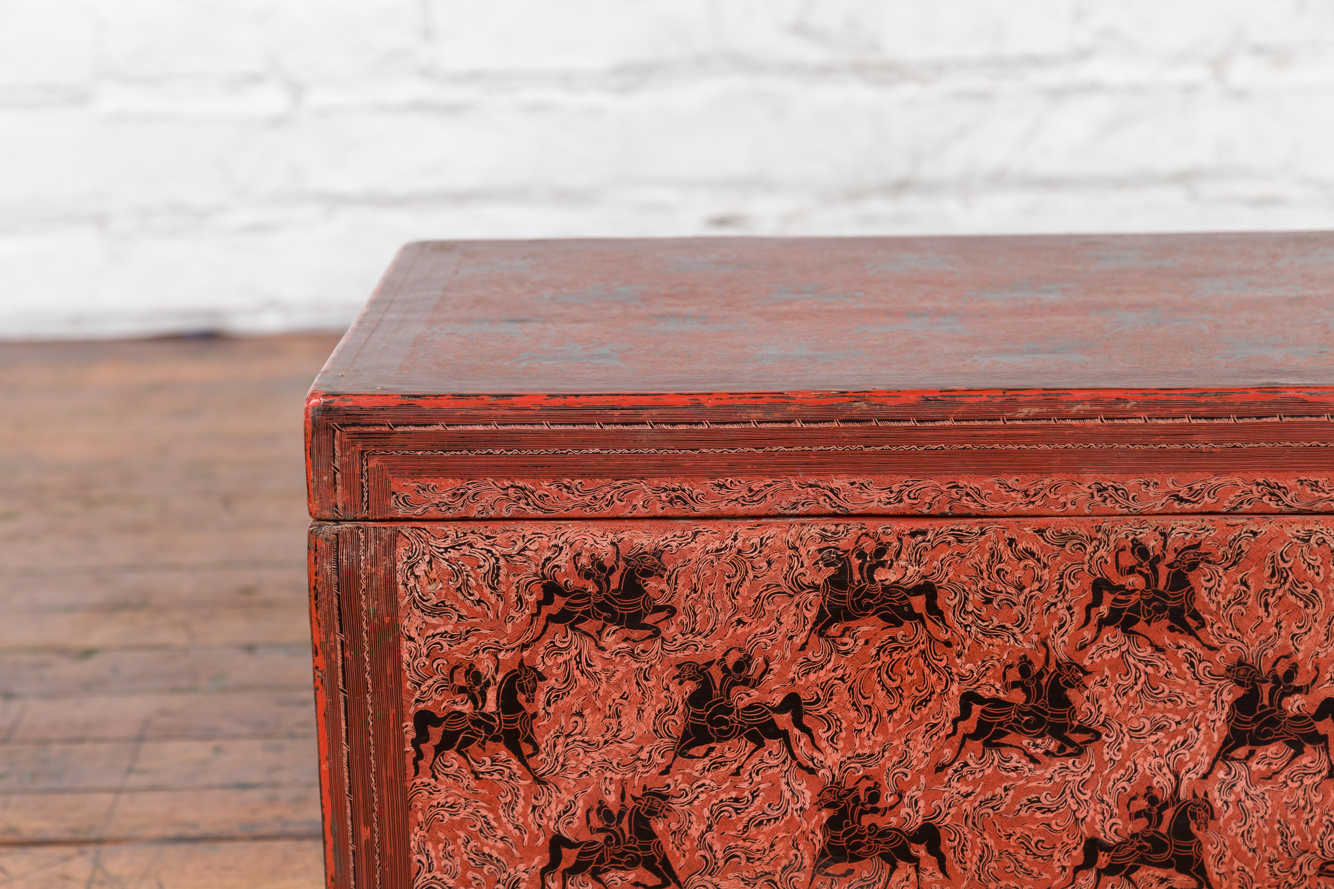 Chinese Late 19th Century Red Trunk with Black Hand-Painted Riders on Horses For Sale 8