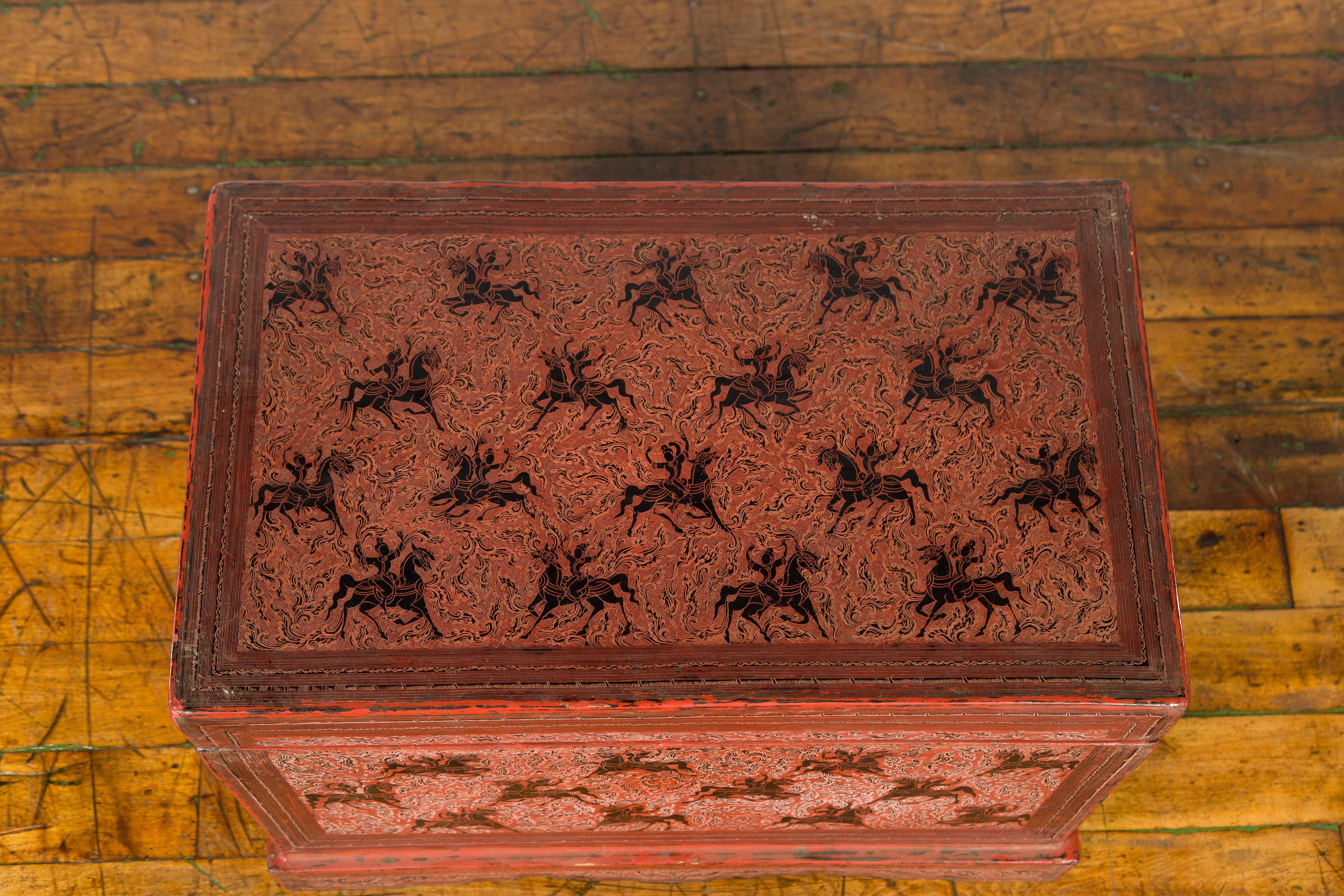 Chinese Late 19th Century Red Trunk with Black Hand-Painted Riders on Horses For Sale 9