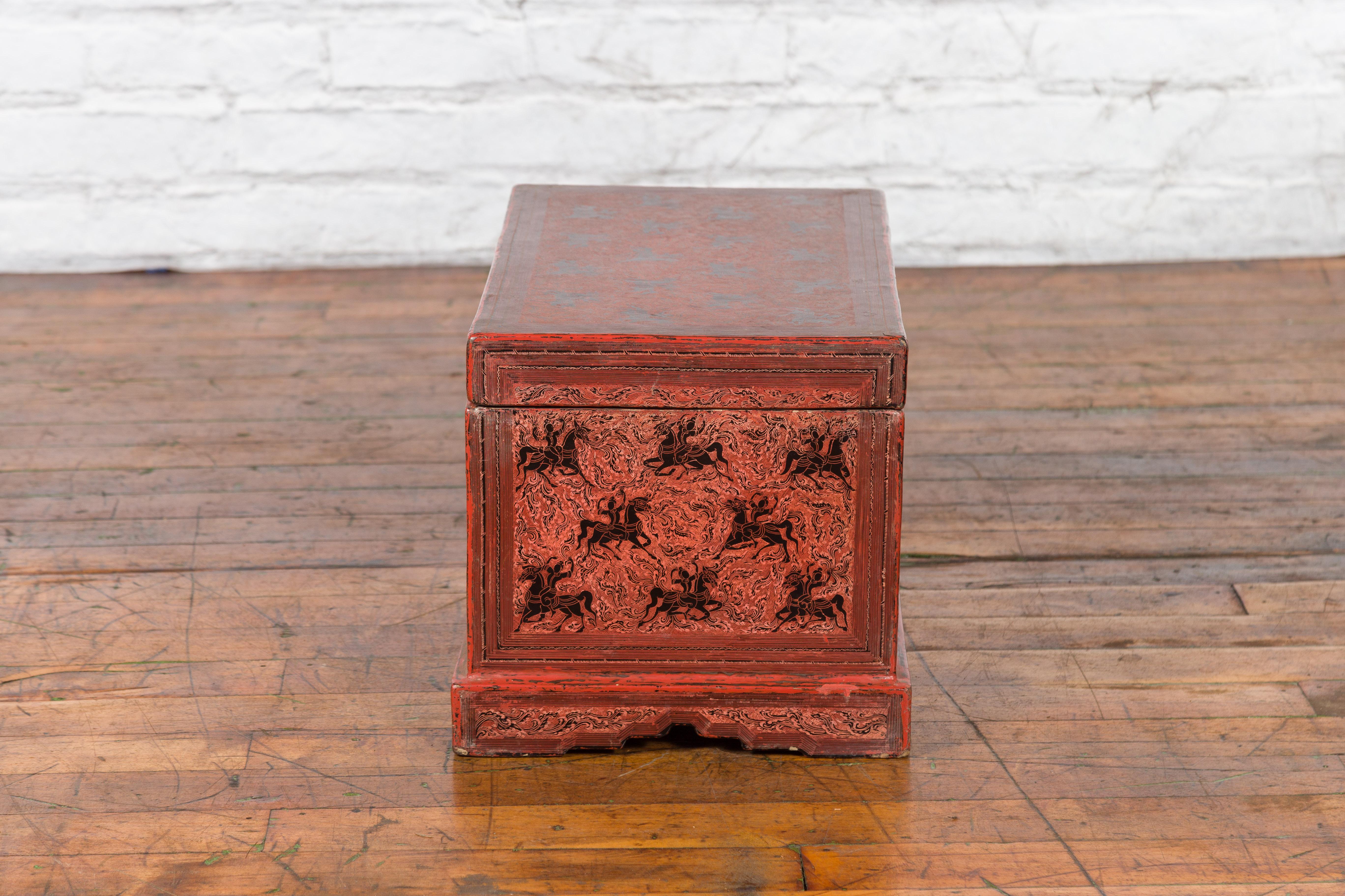 Wood Chinese Late 19th Century Red Trunk with Black Hand-Painted Riders on Horses For Sale