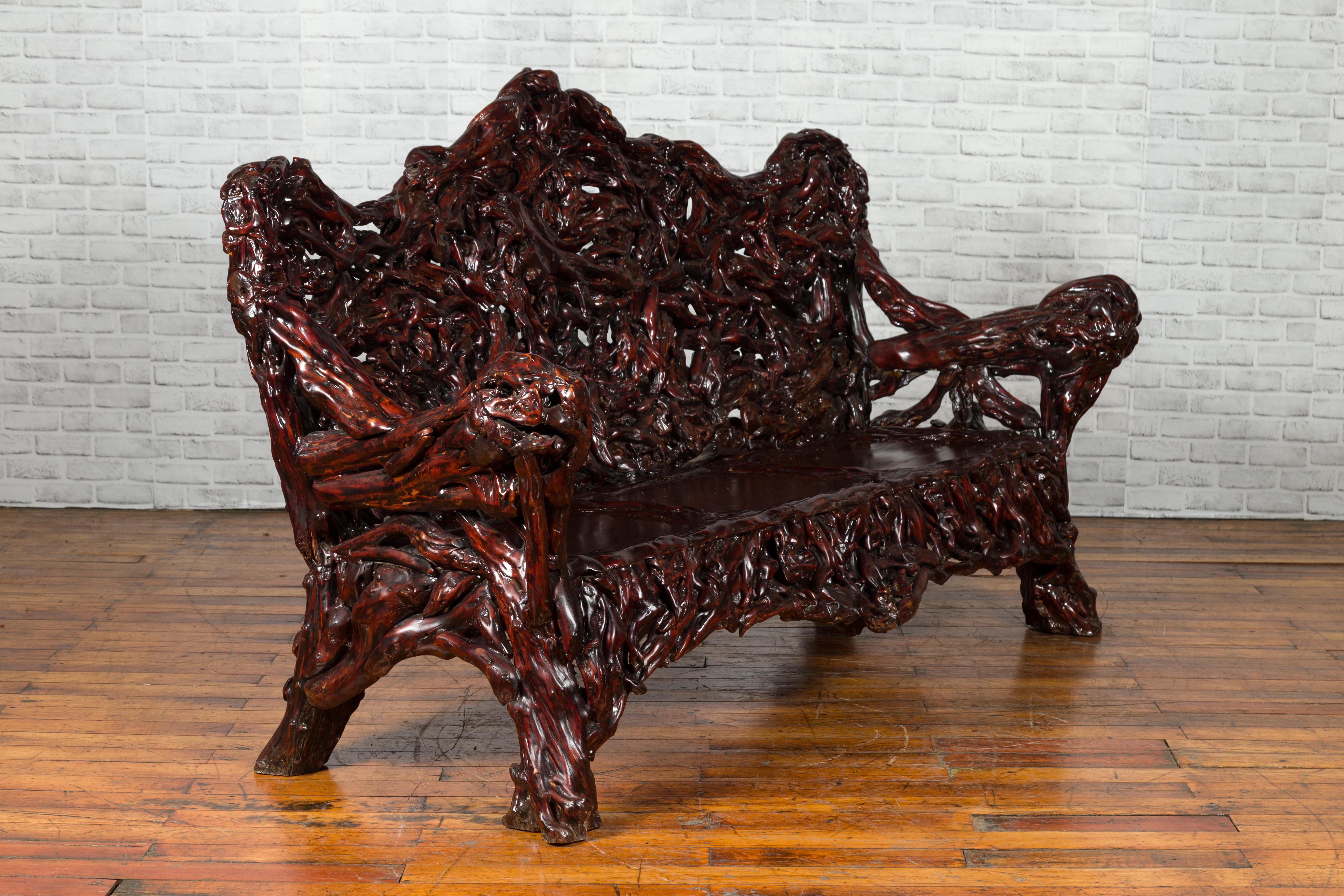 Chinese Late 20th Century Hand Carved Azalea Wood Root Lacquered Settee For Sale 7
