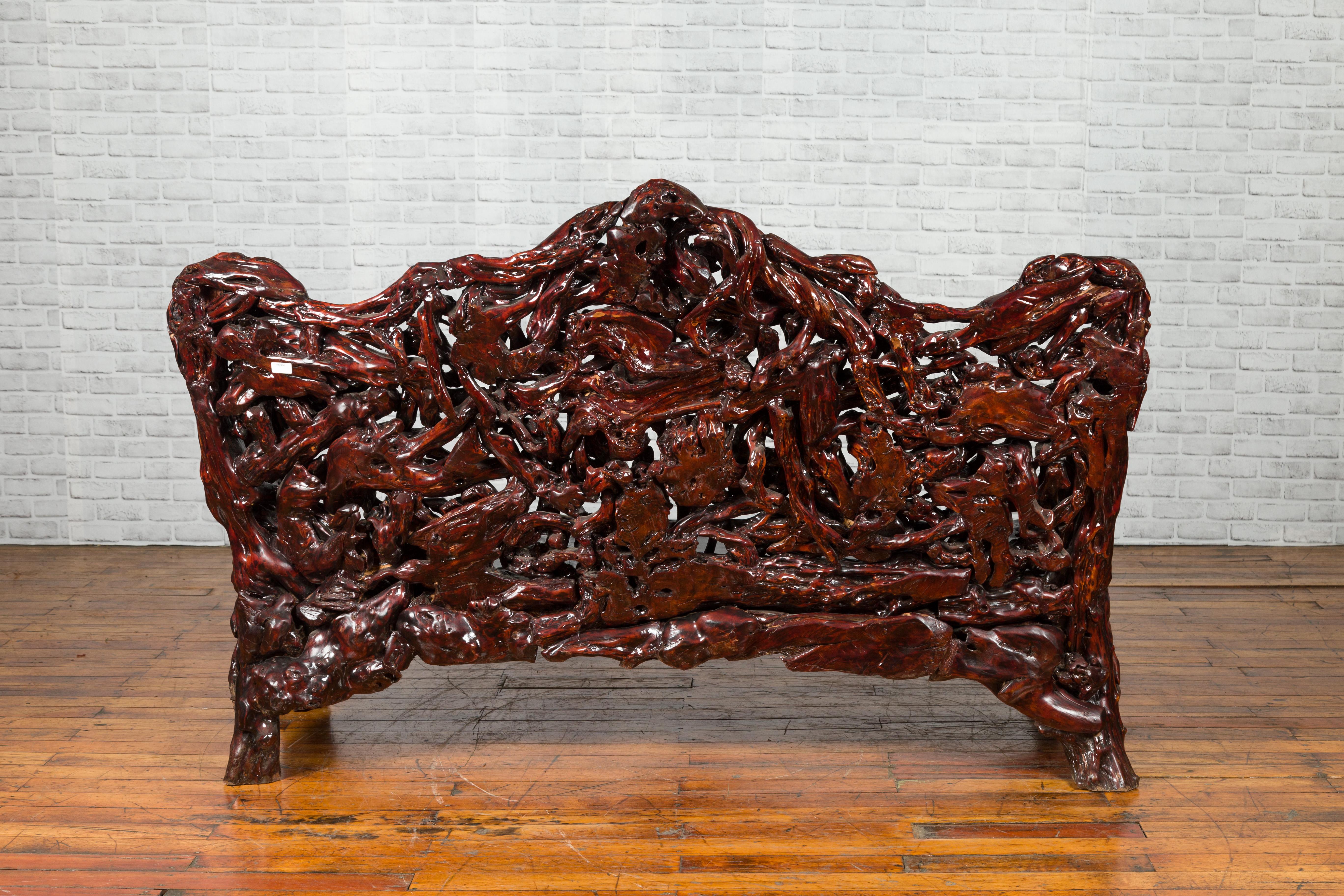 Chinese Late 20th Century Hand Carved Azalea Wood Root Lacquered Settee For Sale 9