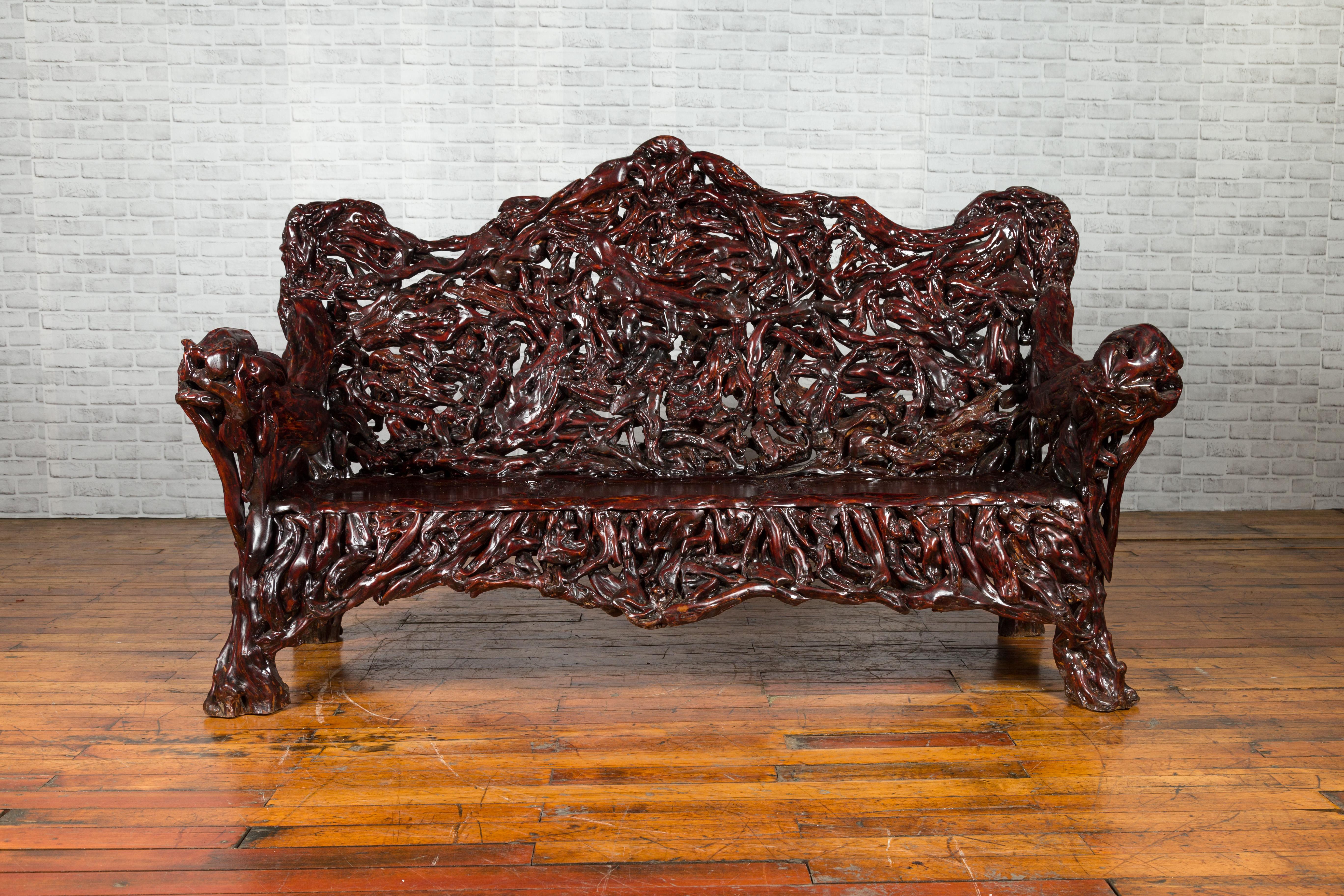 Chinese Late 20th Century Hand Carved Azalea Wood Root Lacquered Settee In Good Condition For Sale In Yonkers, NY
