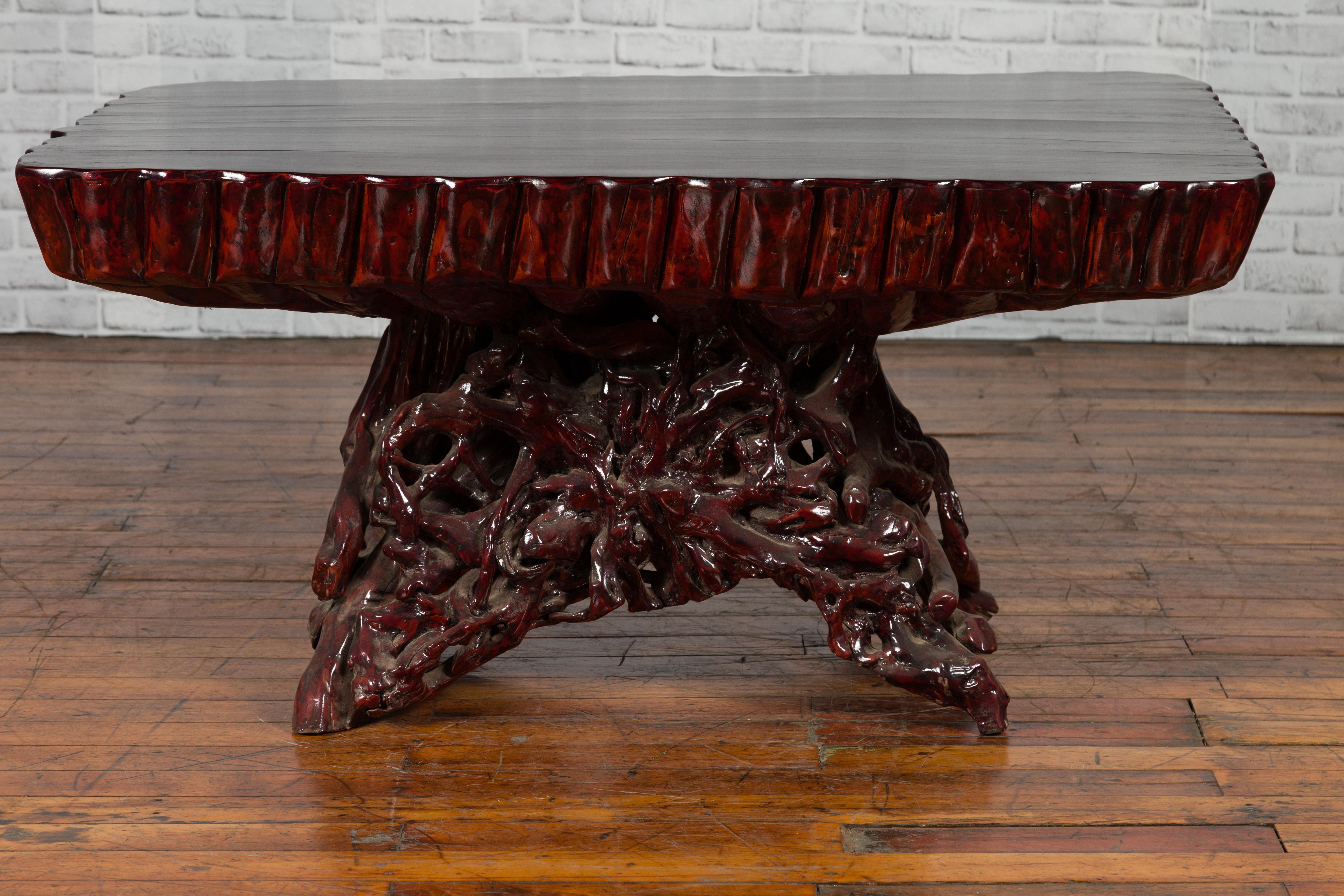 Chinese Late 20th Century Hand Carved Lacquered Azalea Wood Root Coffee Table For Sale 1