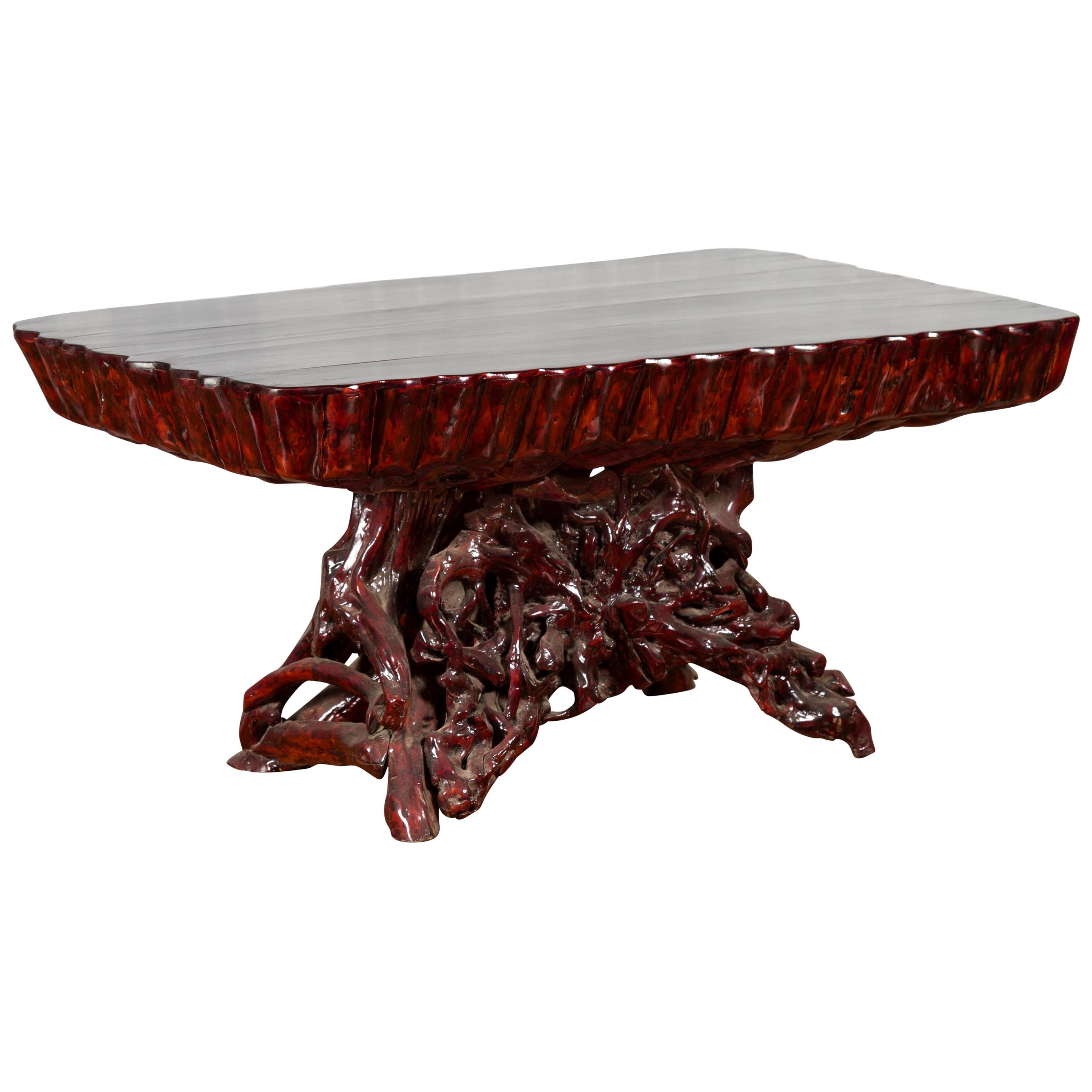 Chinese Late 20th Century Hand Carved Lacquered Azalea Wood Root Coffee Table For Sale
