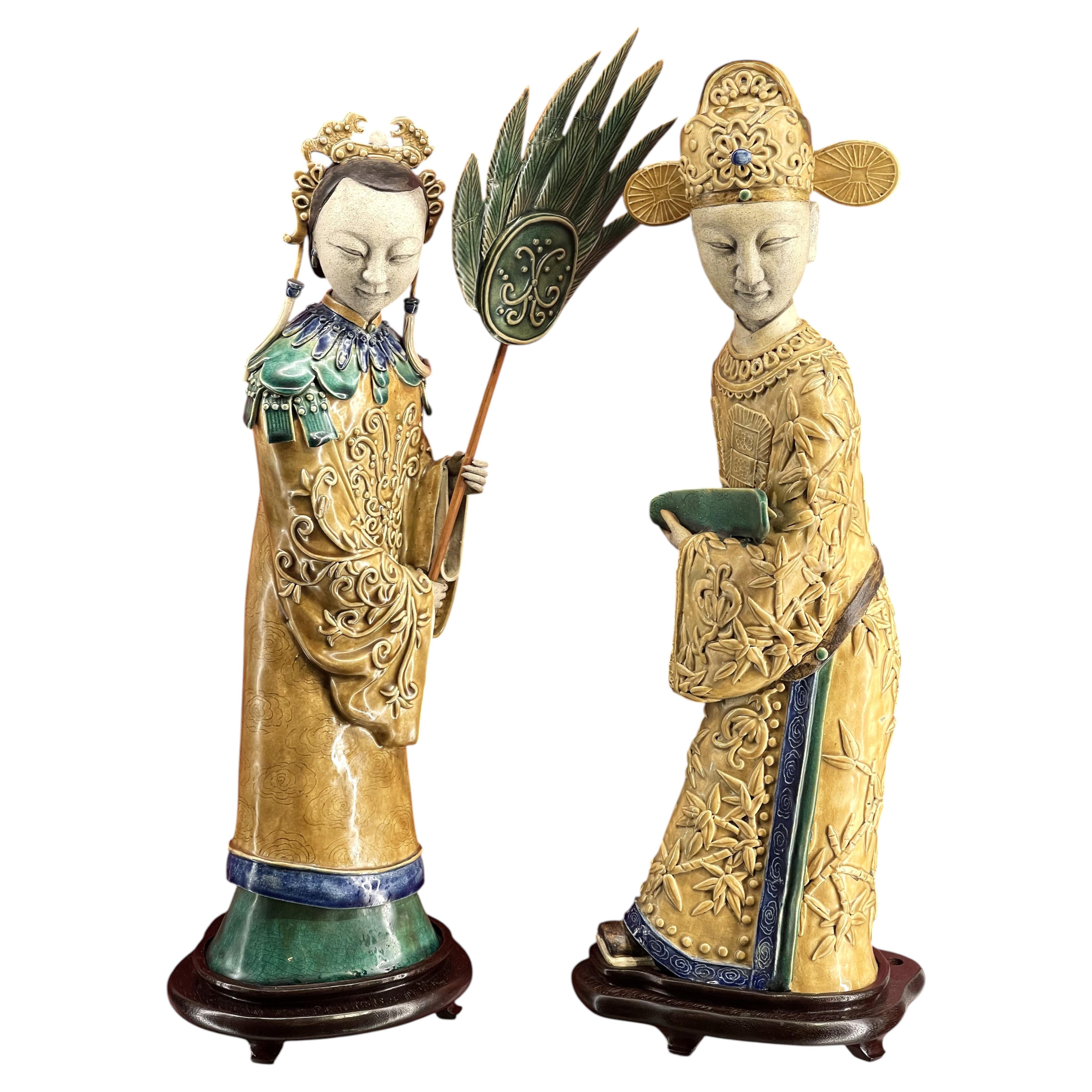 Chinese Late Qing Ceramic Court Figures Male & Female Pair, circa 1900