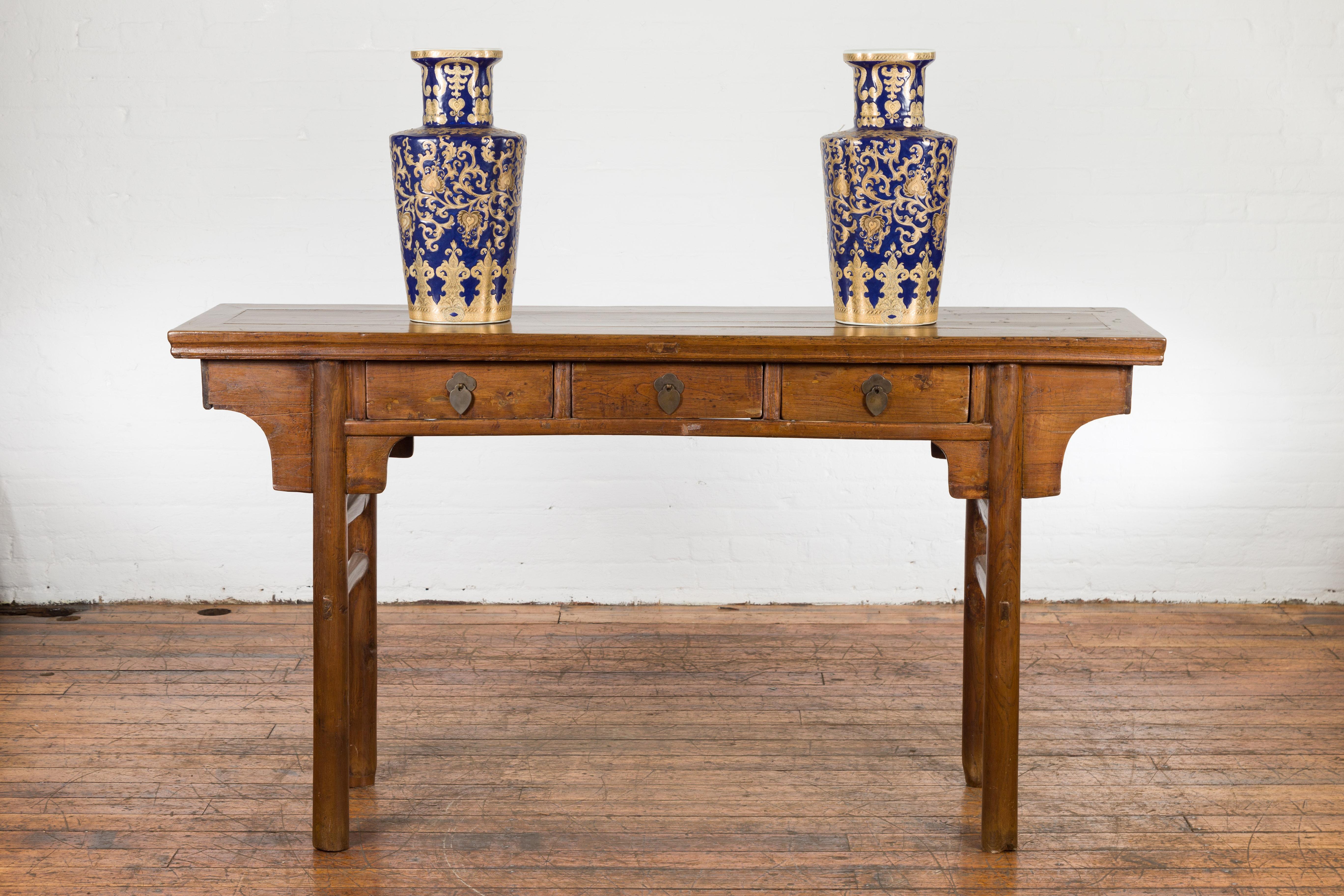 Carved Chinese Late Qing Dynasty 1900s Altar Console Table with Three Drawers