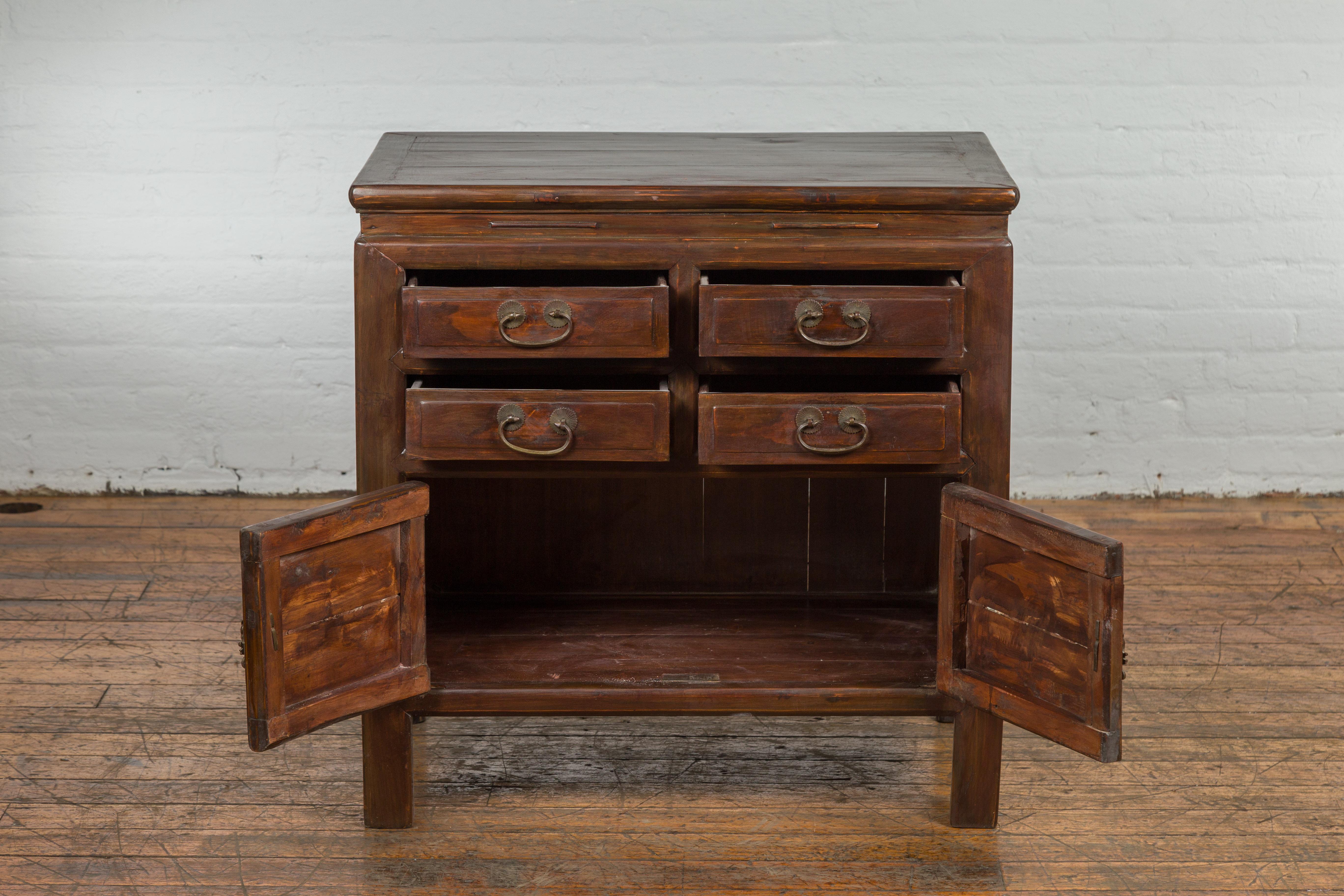 Chinese Antique Bedside Cabinet with 4 Drawers and Rectangular Top For Sale