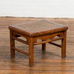Small 1900s Low Square End Table with Rattan Top