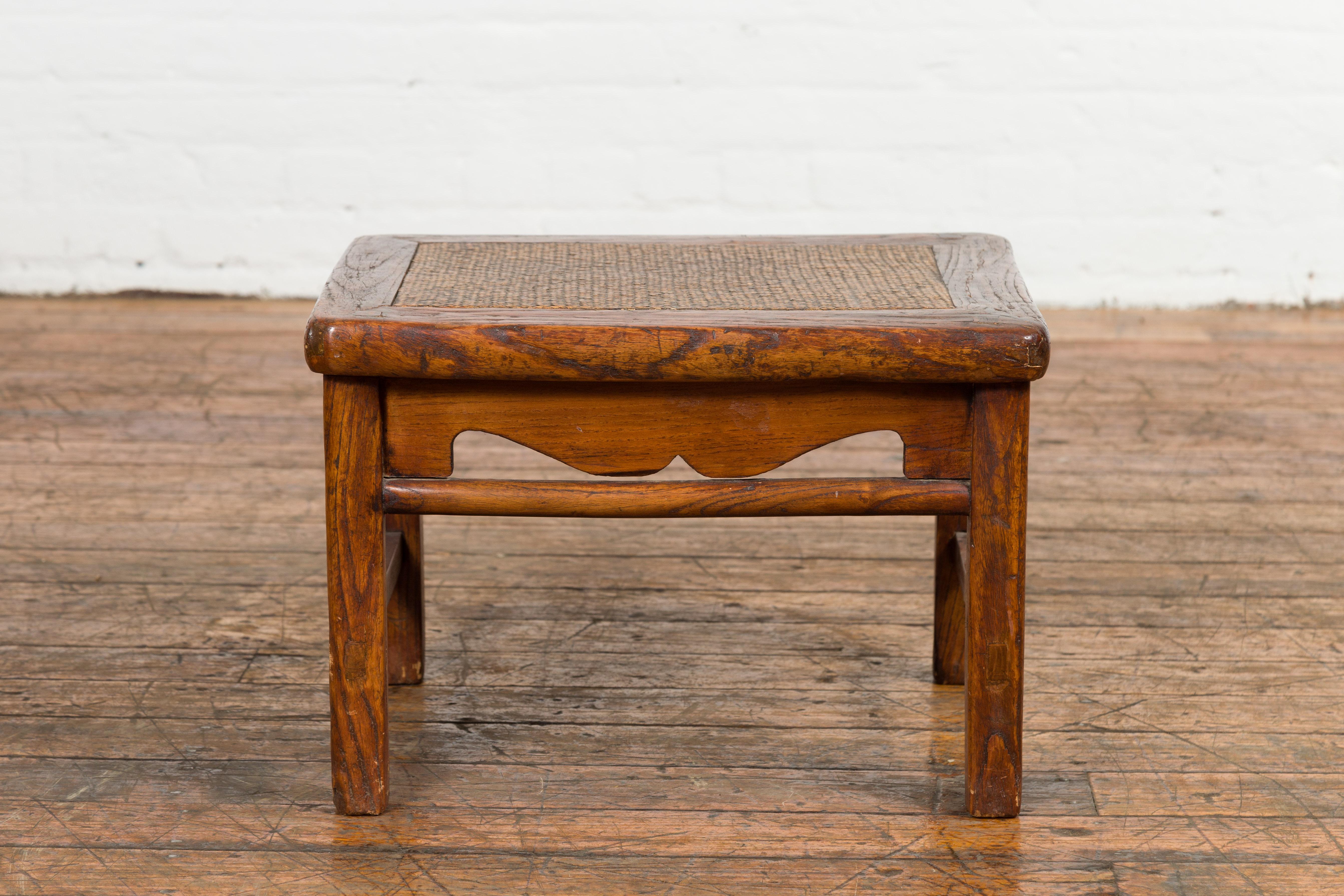 Qing Small 1900s Low Square End Table with Rattan Top For Sale
