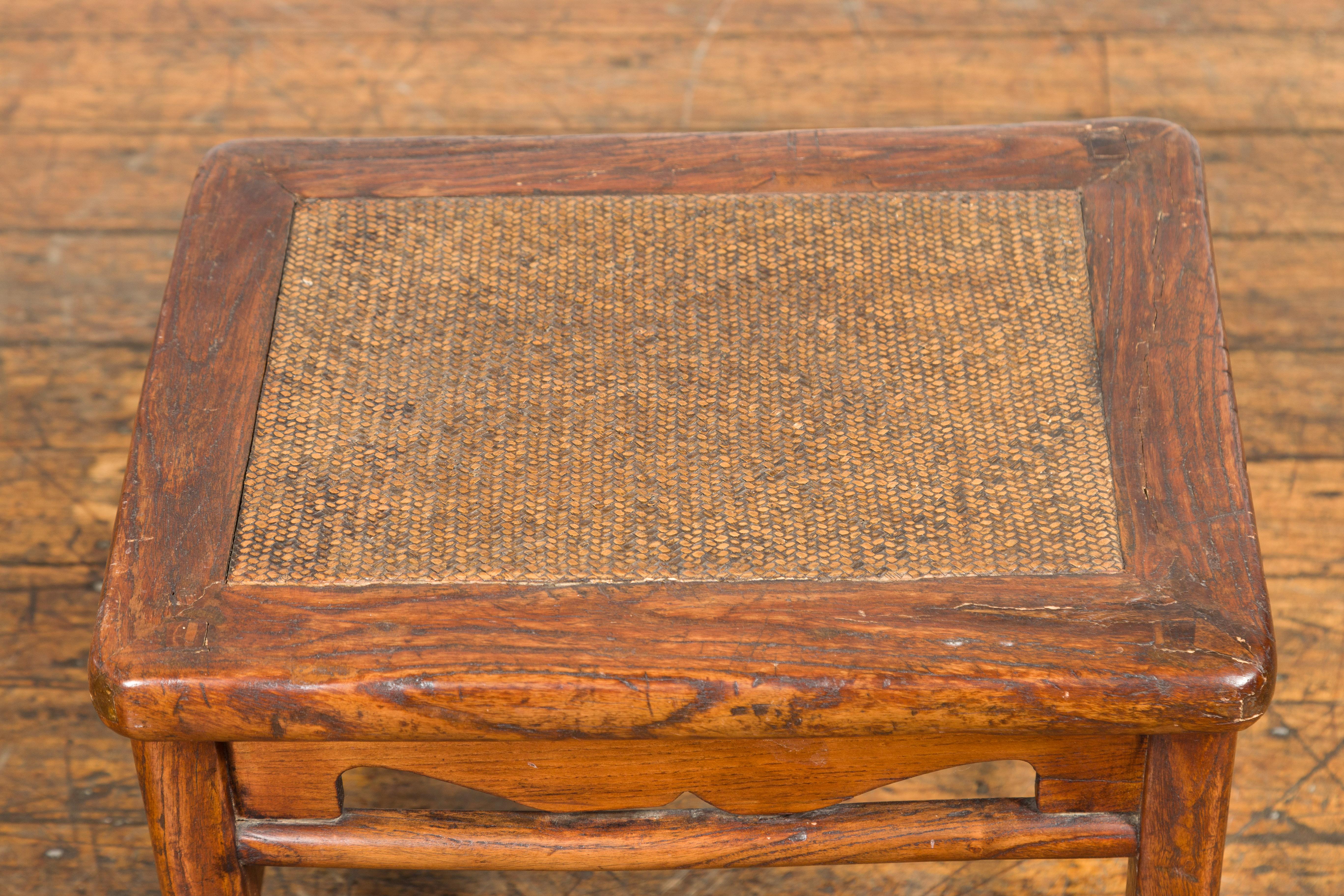 Chinese Small 1900s Low Square End Table with Rattan Top For Sale