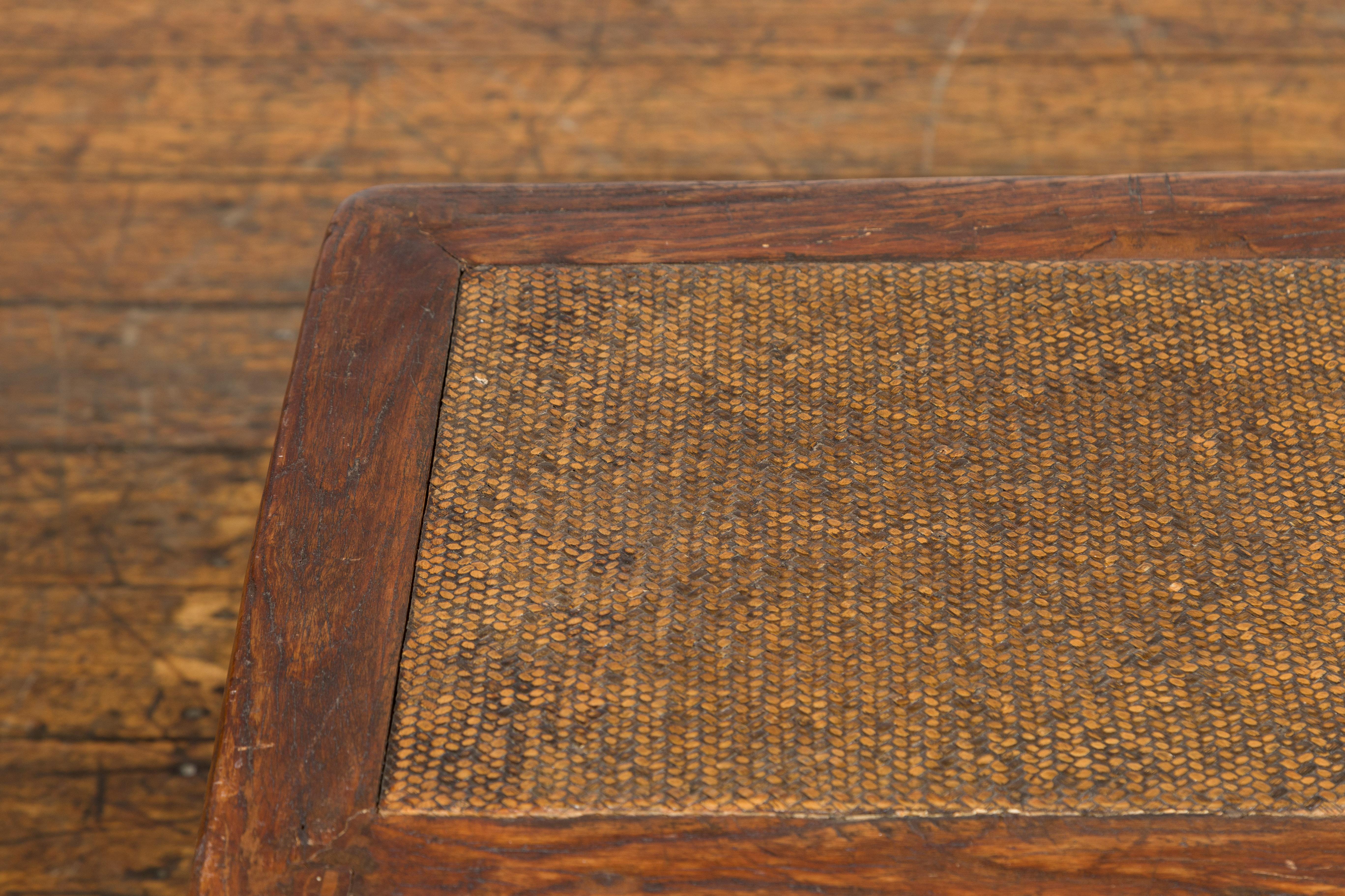 Hand-Woven Small 1900s Low Square End Table with Rattan Top For Sale