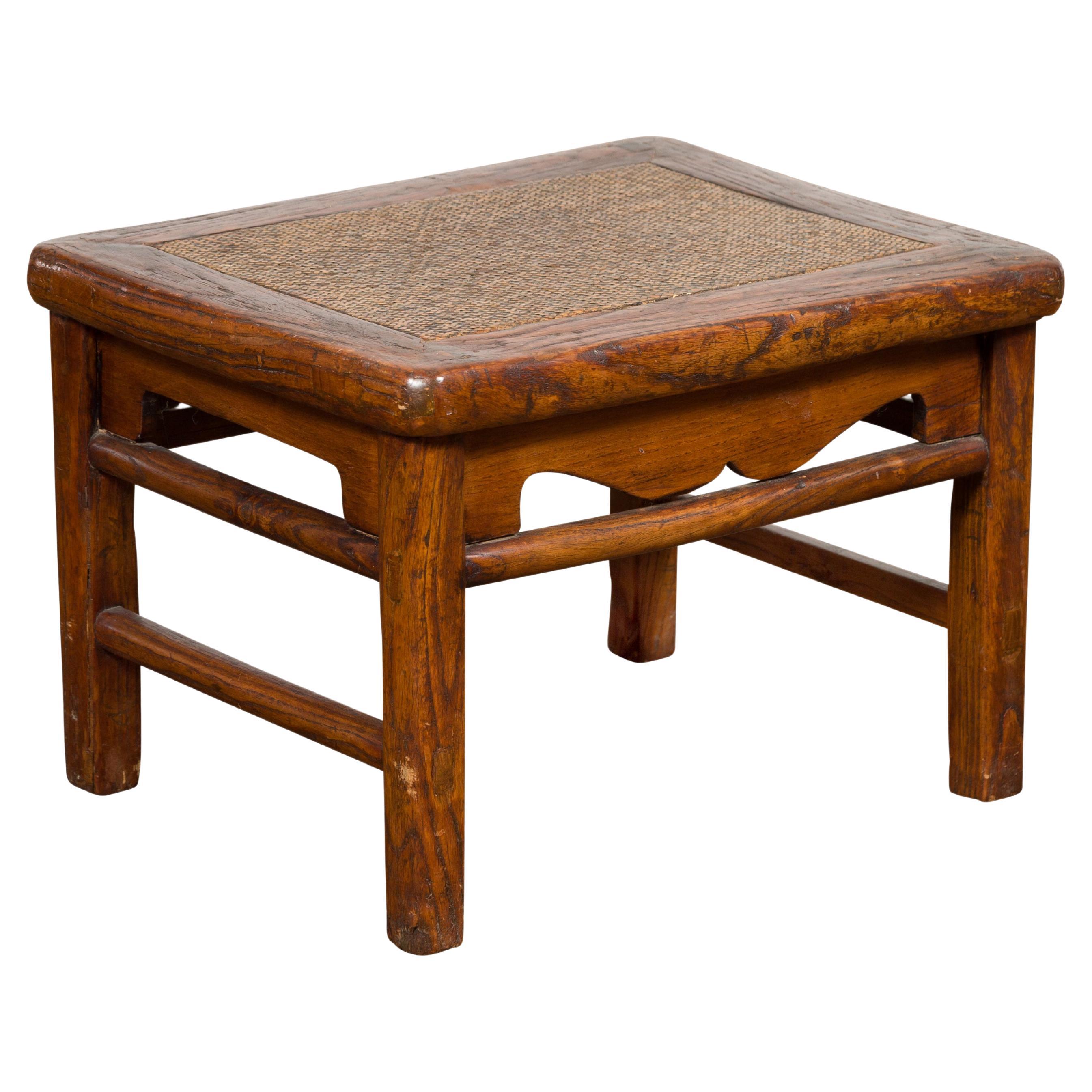 Small 1900s Low Square End Table with Rattan Top
