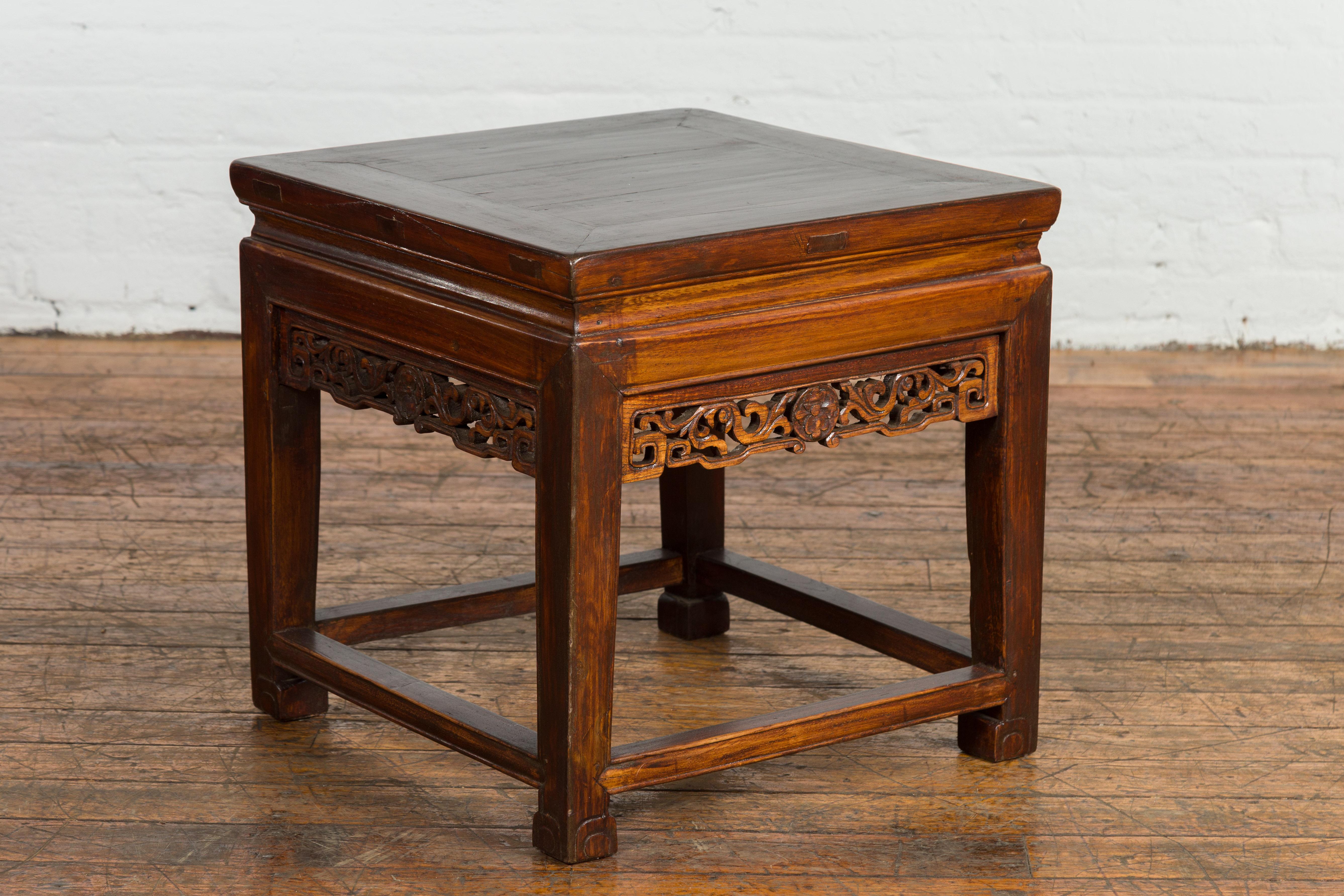Qing Small Square Low End Table with Carved Apron For Sale
