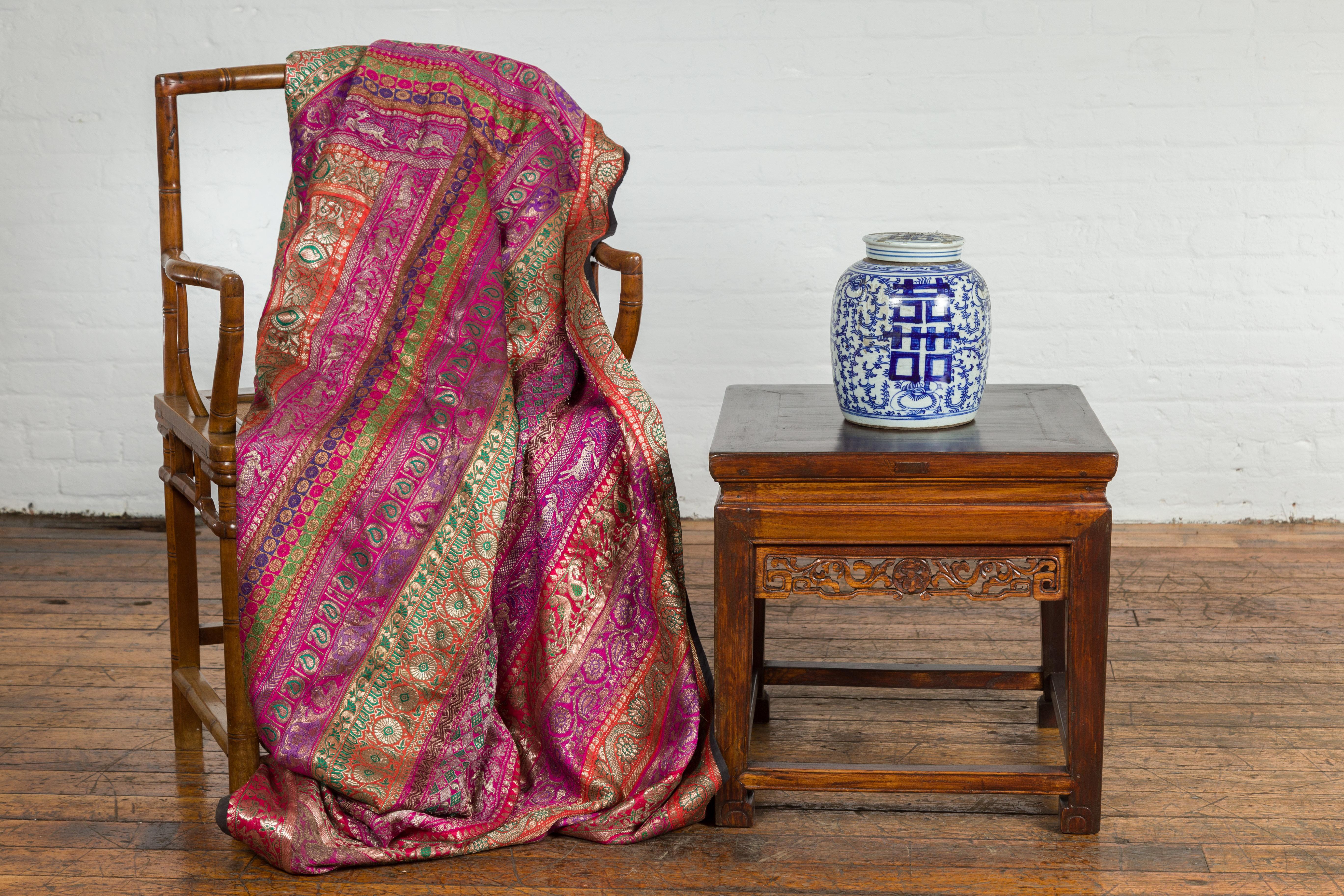 Chinese Small Square Low End Table with Carved Apron For Sale