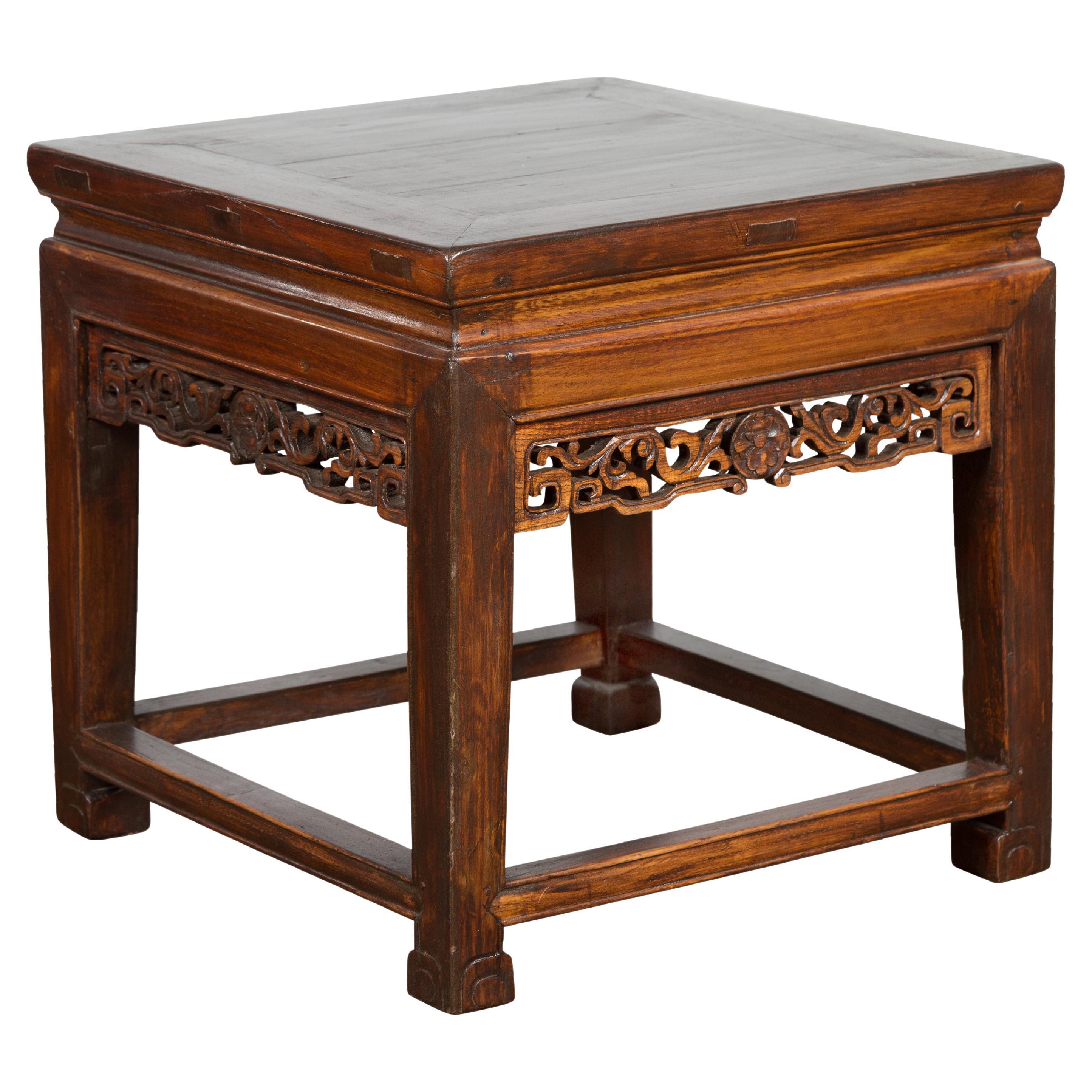 Small Square Low End Table with Carved Apron For Sale