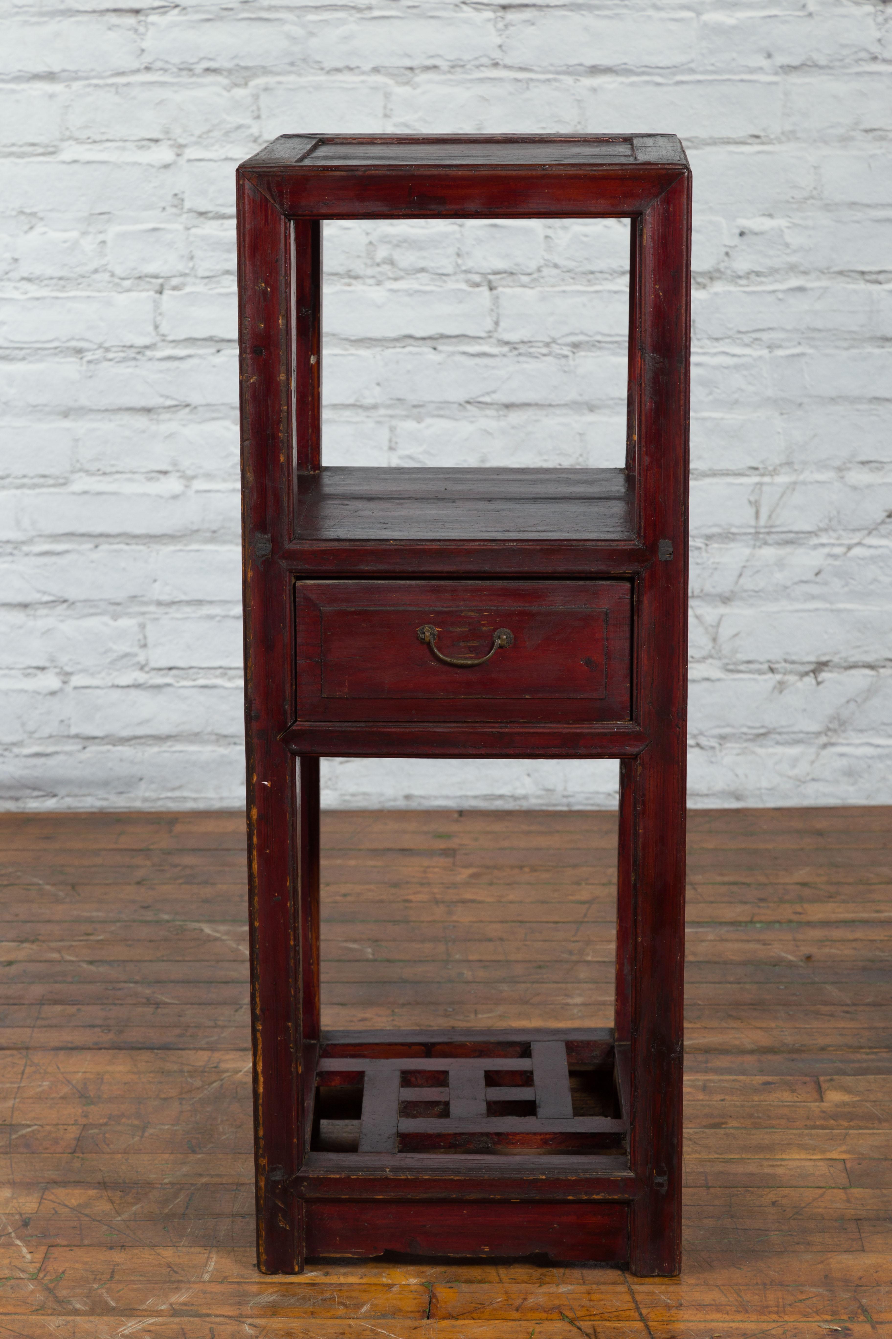 Chinese Late Qing Dynasty 1900s Tiered Table with Drawer and Fretwork Shelf In Good Condition For Sale In Yonkers, NY