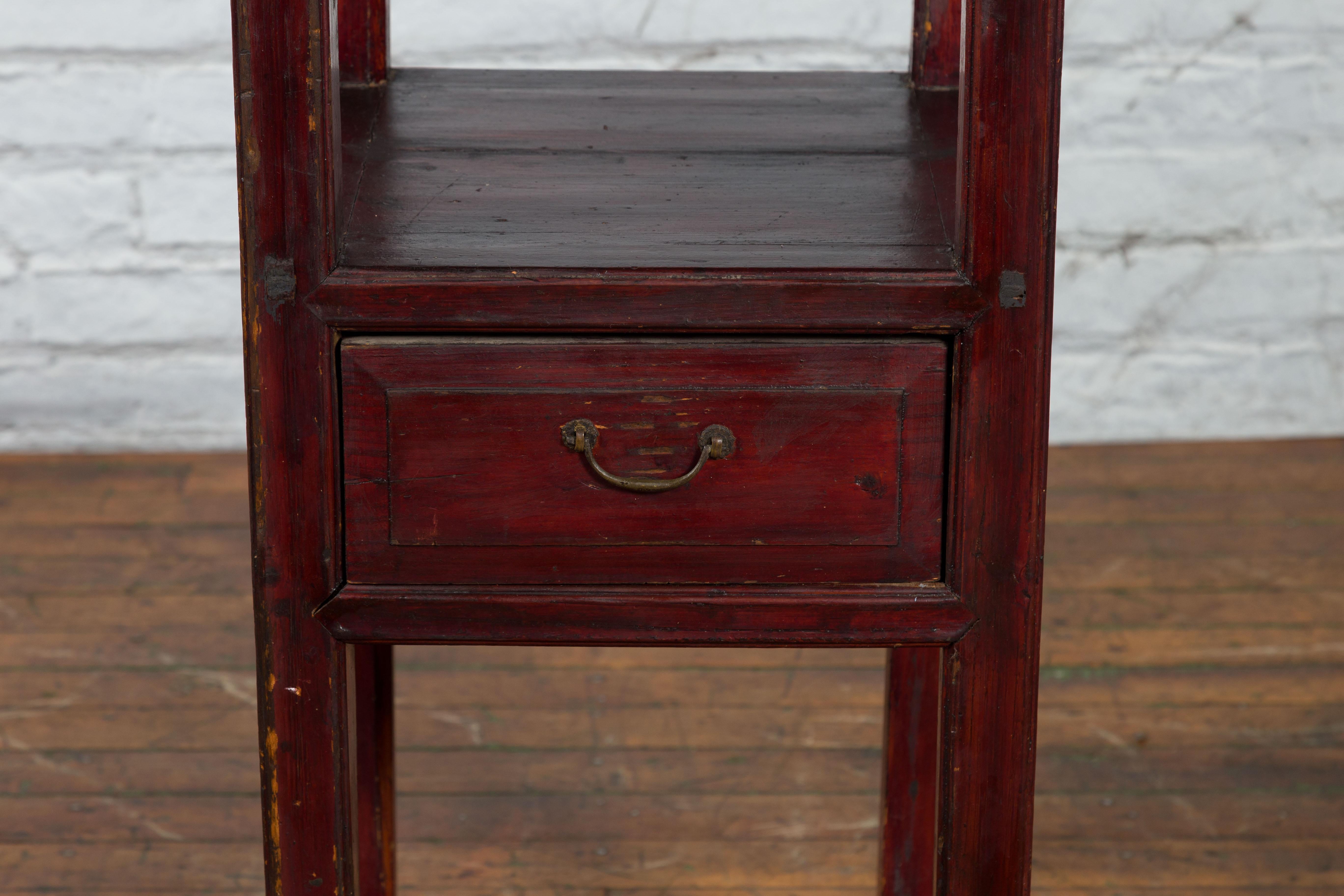 Wood Chinese Late Qing Dynasty 1900s Tiered Table with Drawer and Fretwork Shelf For Sale