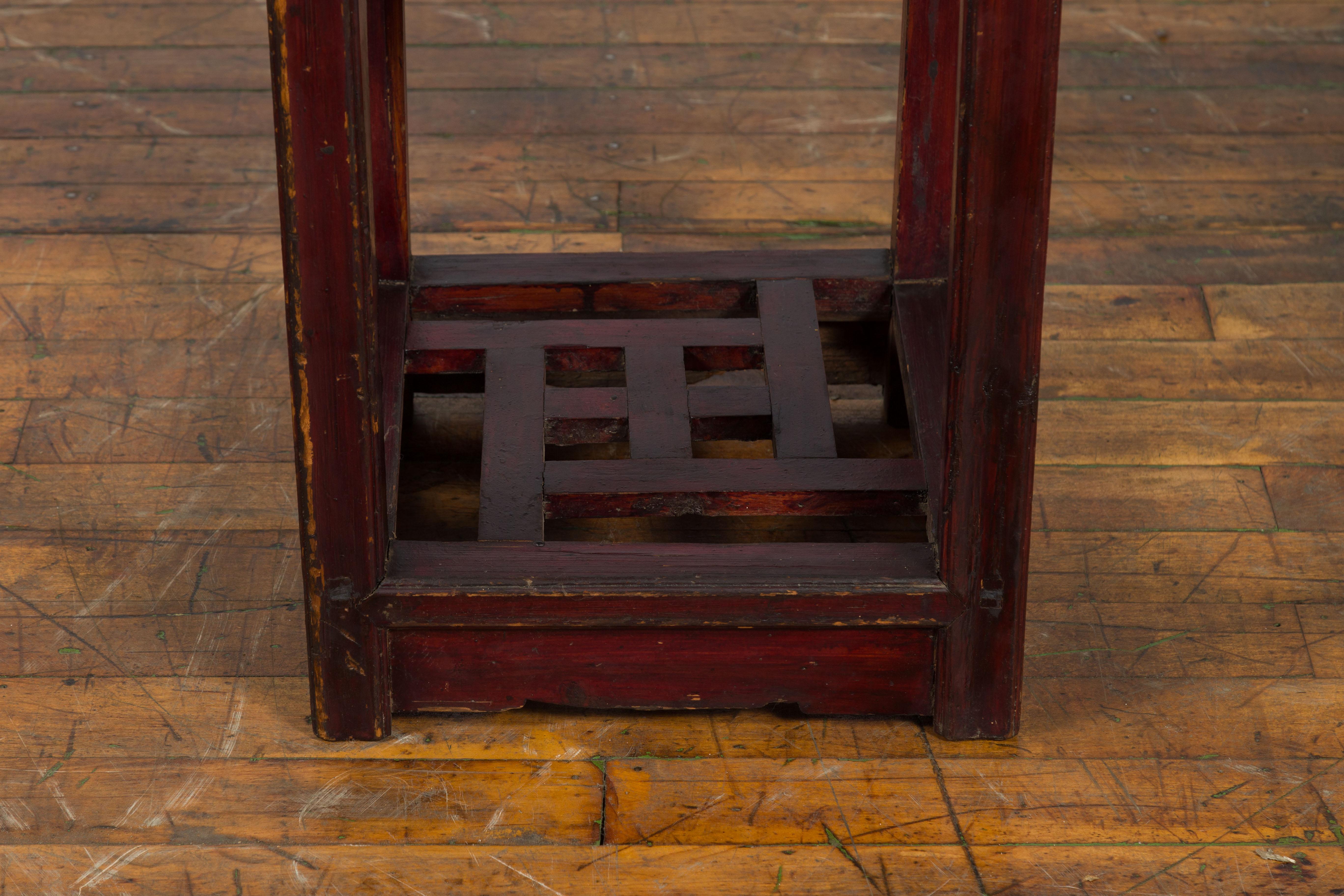 Chinese Late Qing Dynasty 1900s Tiered Table with Drawer and Fretwork Shelf For Sale 1