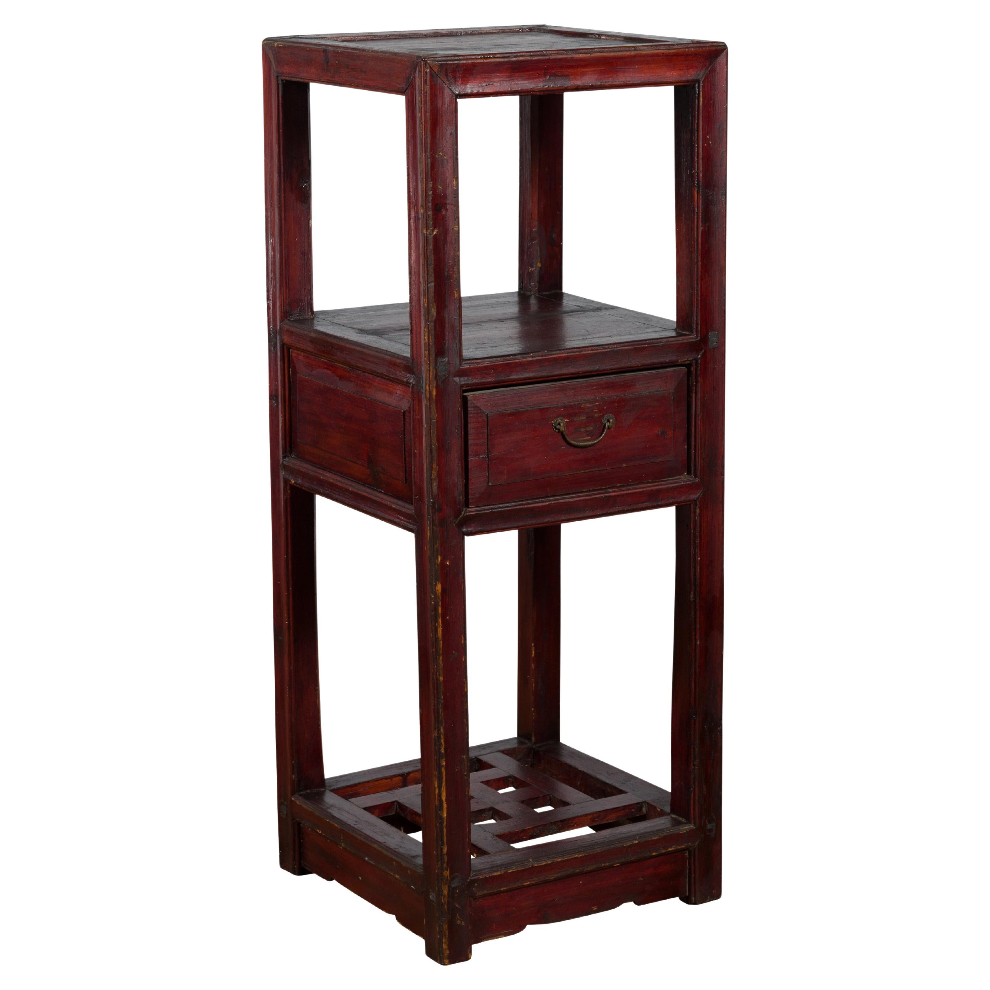 Late Qing Dynasty 1900s Tiered Table with Drawer and Fretwork Shelf