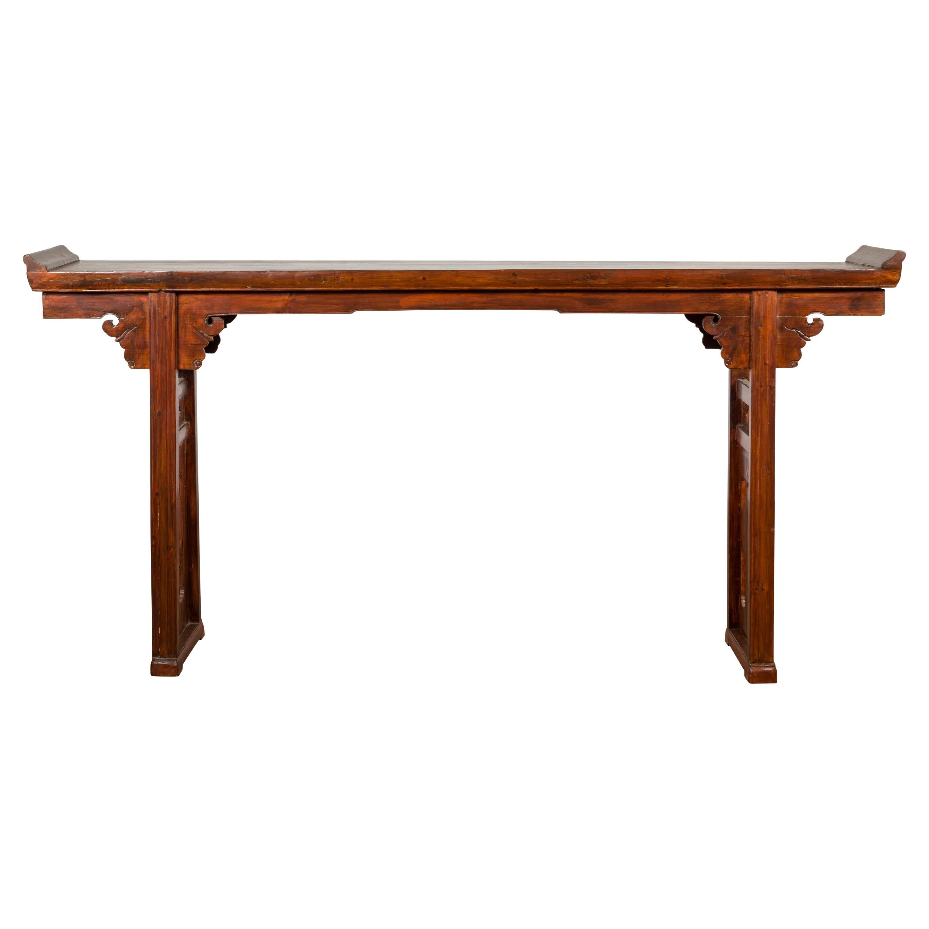 Chinese Late Qing Dynasty Altar Console Table with Lateral Pierced Tree Motifs For Sale