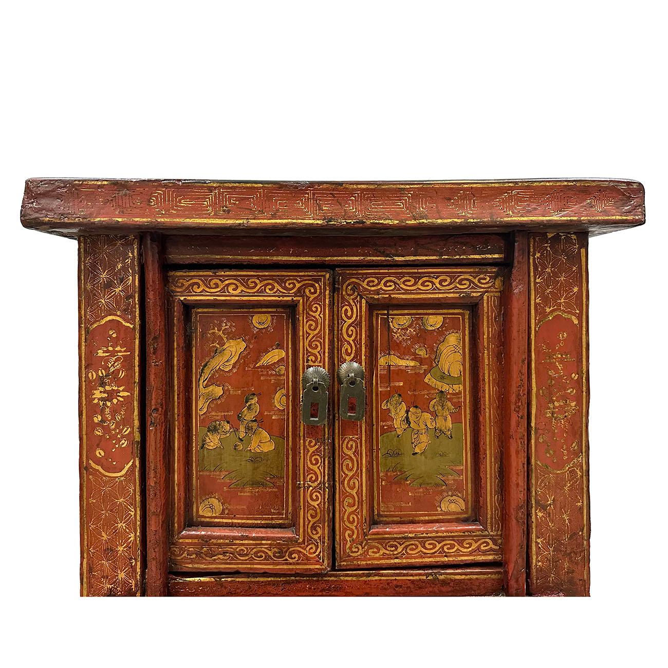 Hand-Painted Chinese Late Qing Dynasty Bedside Wooden Cabinet with Period Painting Art Works For Sale