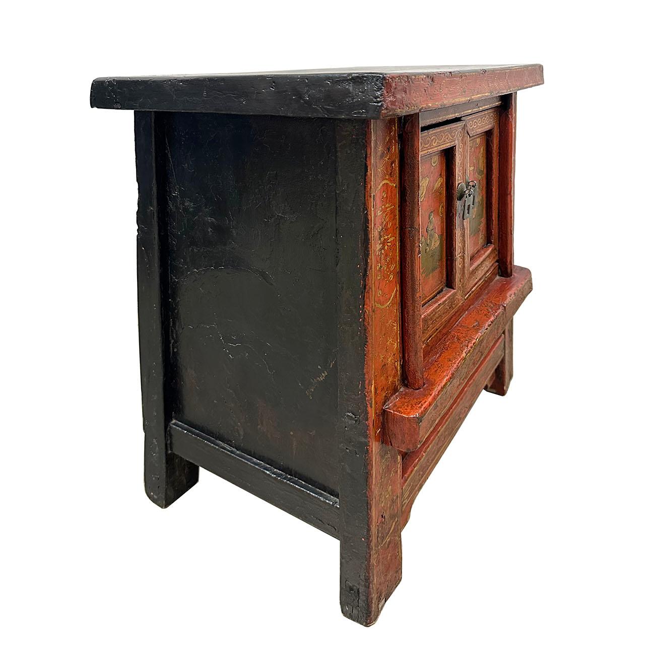 Chinesischer Nachttischschrank aus Holz aus der späten Qing-Dynastie mit zeitgenössischen Gemälden 1