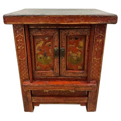 Antique Chinese Late Qing Dynasty Bedside Wooden Cabinet with Period Painting Art Works