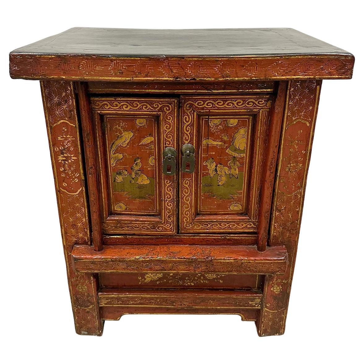 Chinesischer Nachttischschrank aus Holz aus der späten Qing-Dynastie mit zeitgenössischen Gemälden
