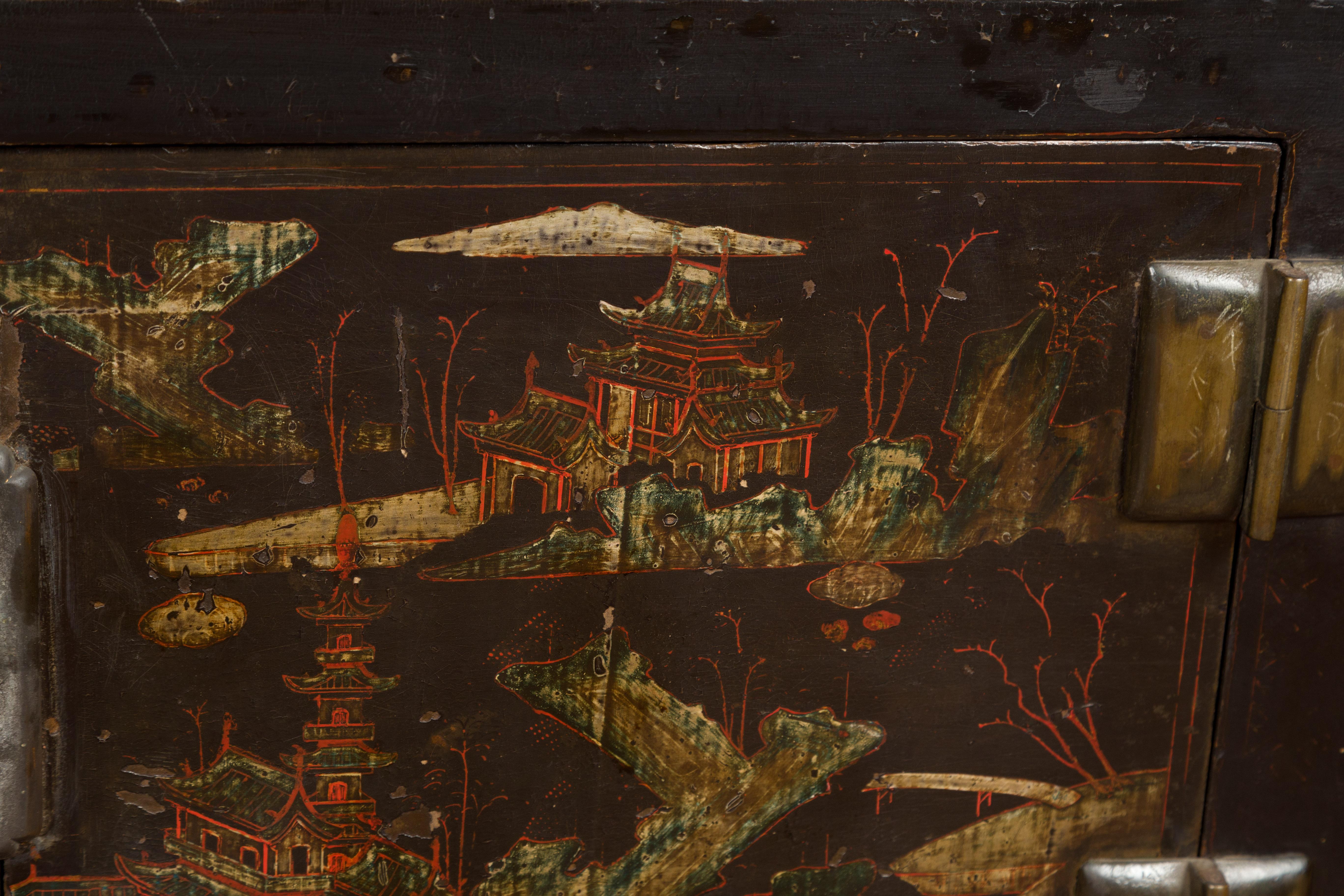 Chinese Late Qing Dynasty Dark Lacquer Low Cabinet with Architecture Motifs For Sale 6