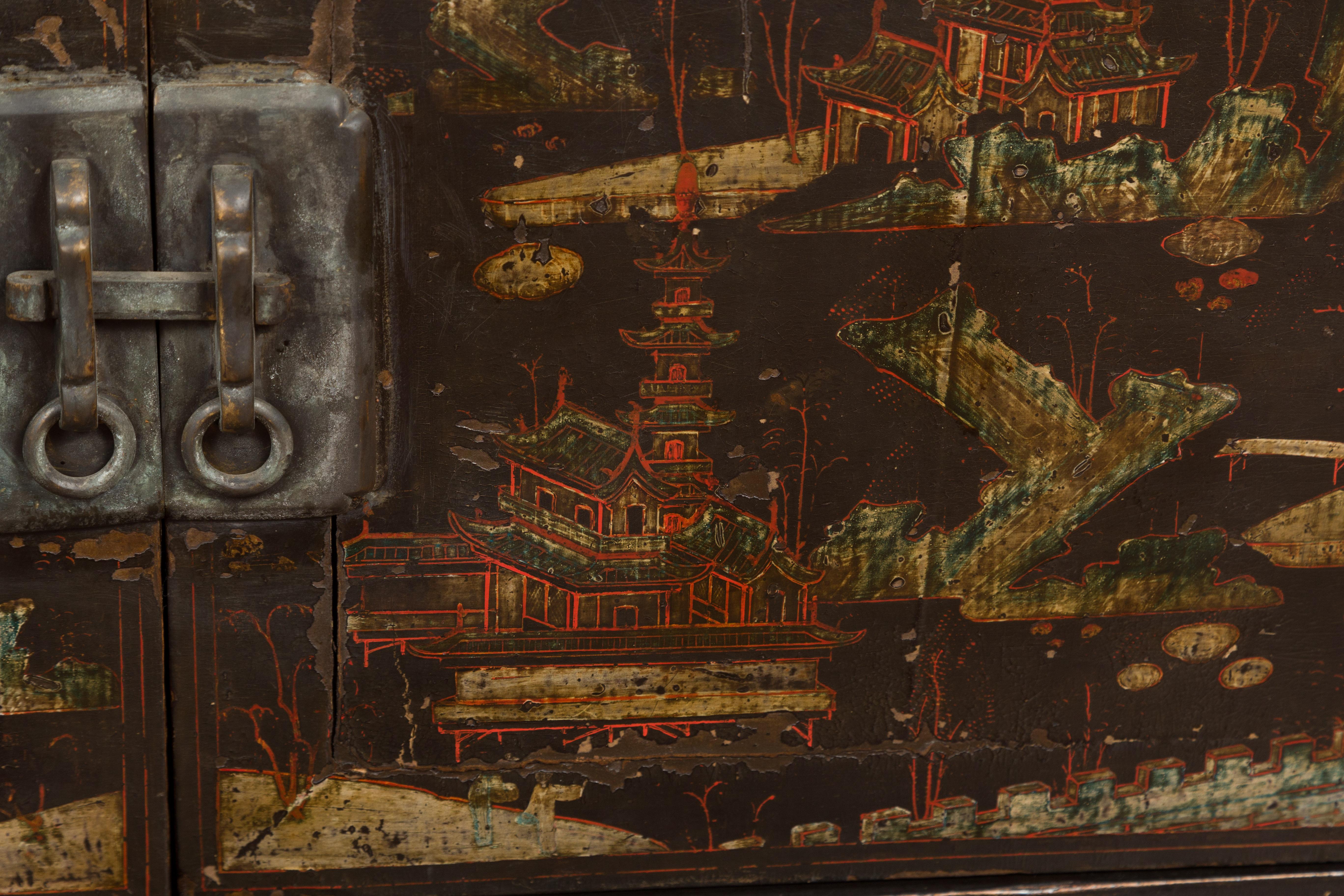 Chinese Late Qing Dynasty Dark Lacquer Low Cabinet with Architecture Motifs For Sale 7