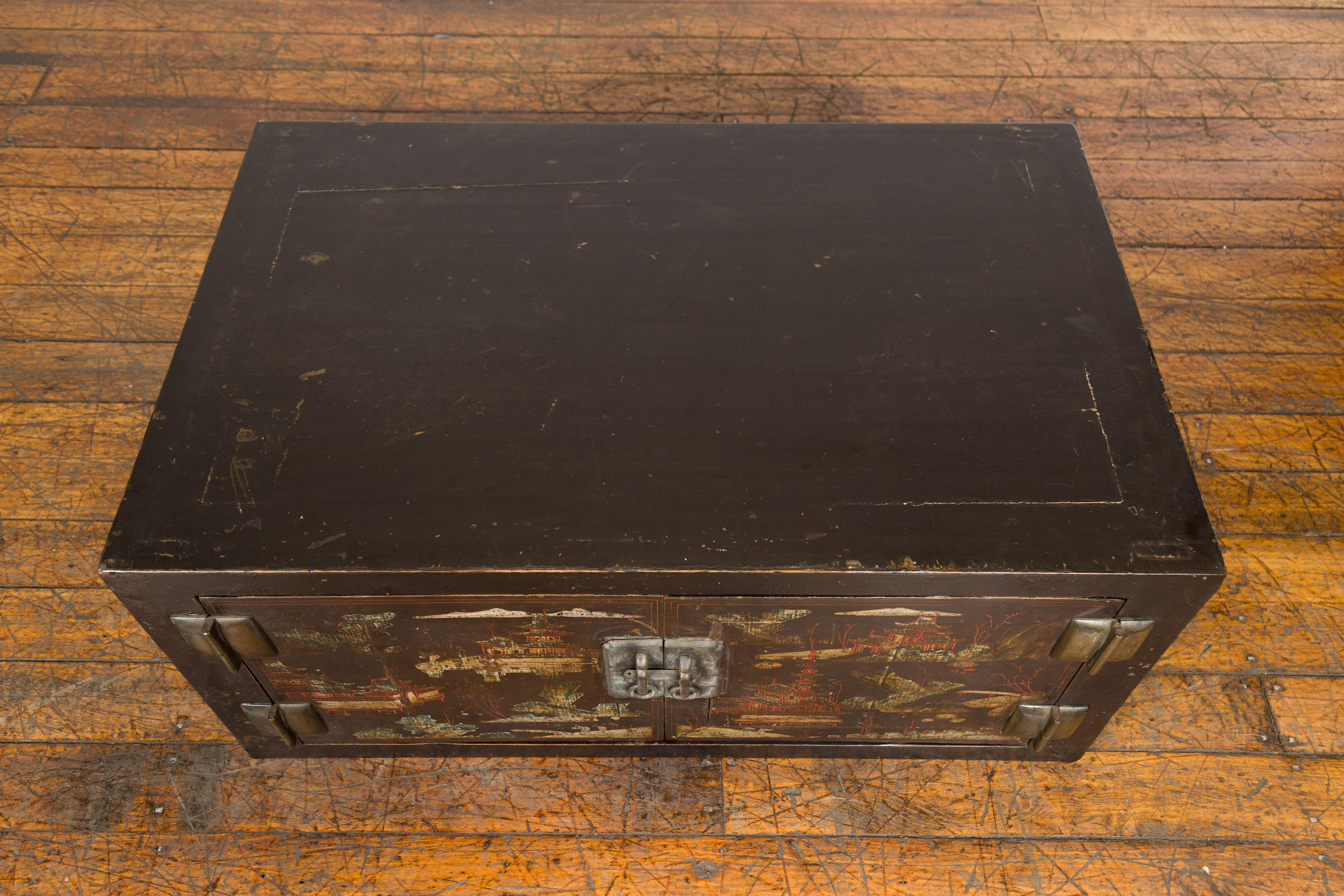 Chinese Late Qing Dynasty Dark Lacquer Low Cabinet with Architecture Motifs For Sale 9