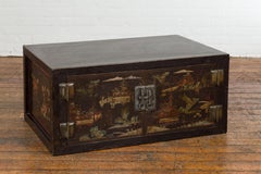 Chinese Late Qing Dynasty Dark Lacquer Low Cabinet with Architecture Motifs