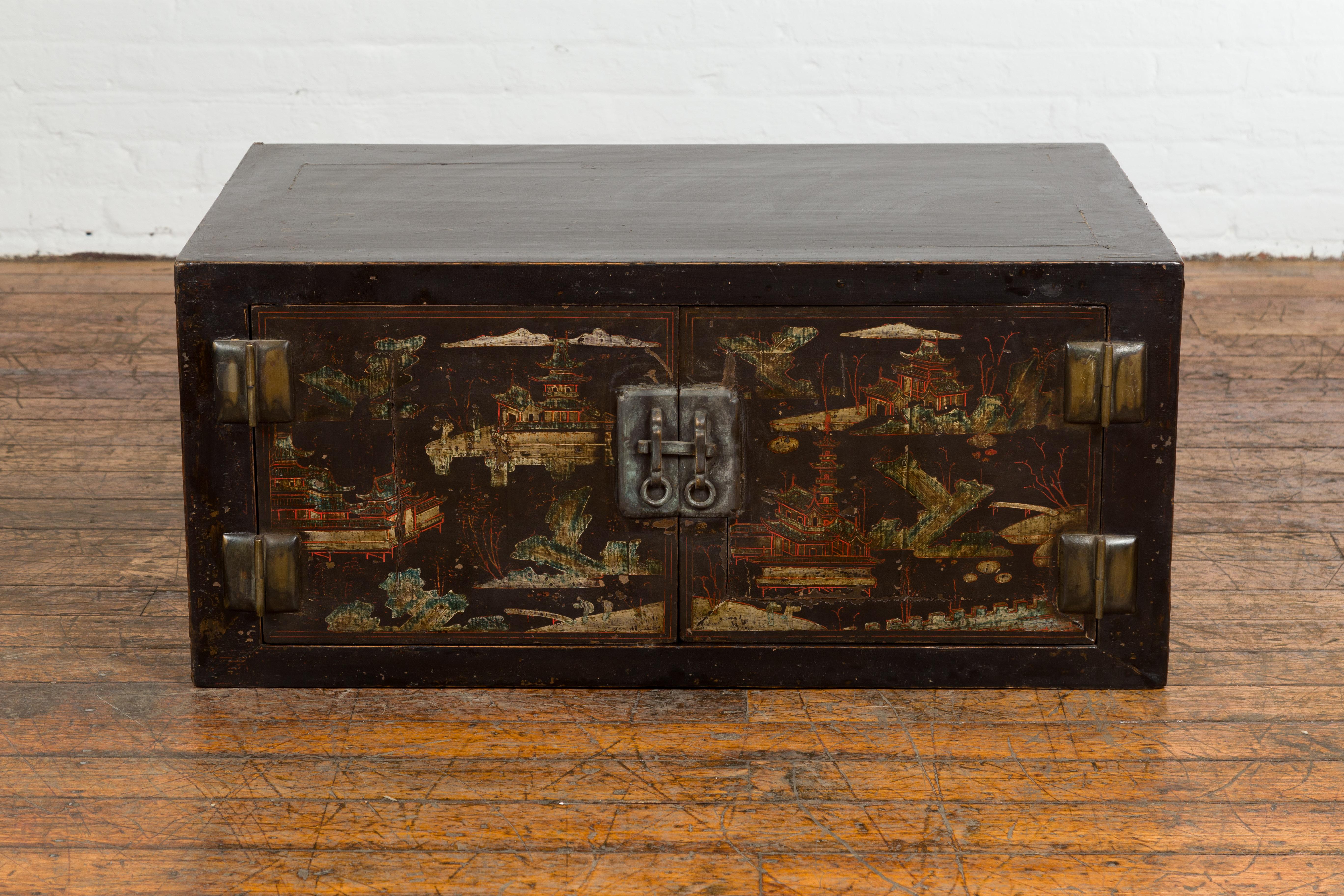 Hand-Painted Chinese Late Qing Dynasty Dark Lacquer Low Cabinet with Architecture Motifs For Sale